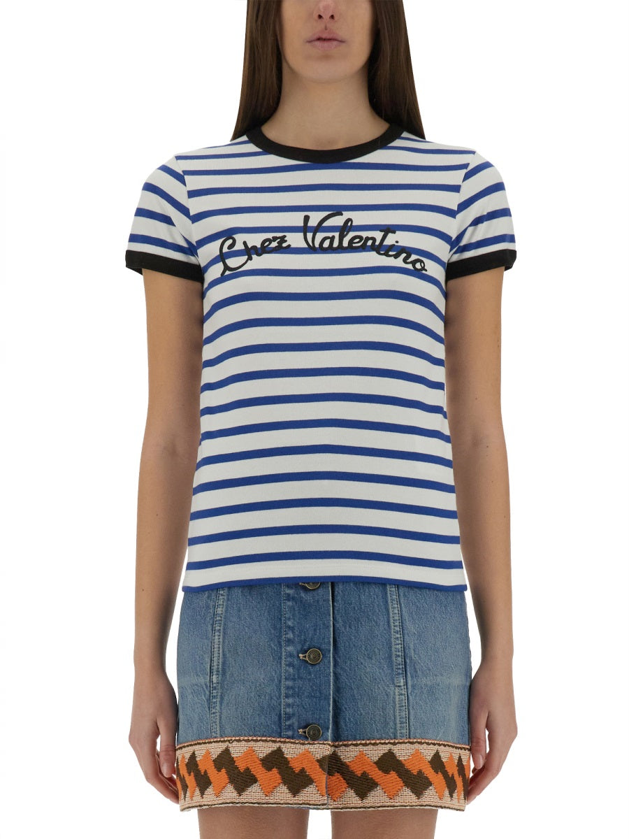 VALENTINO Striped Cotton T-Shirt with Mini Handbag - Women's Small