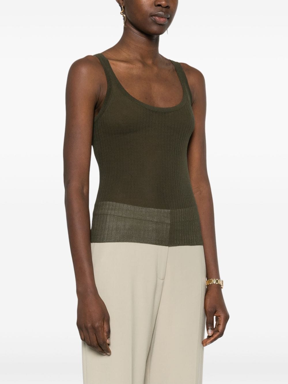 MAX MARA Silk Fine Ribbed Scoop Neck Sleeveless Tank Top