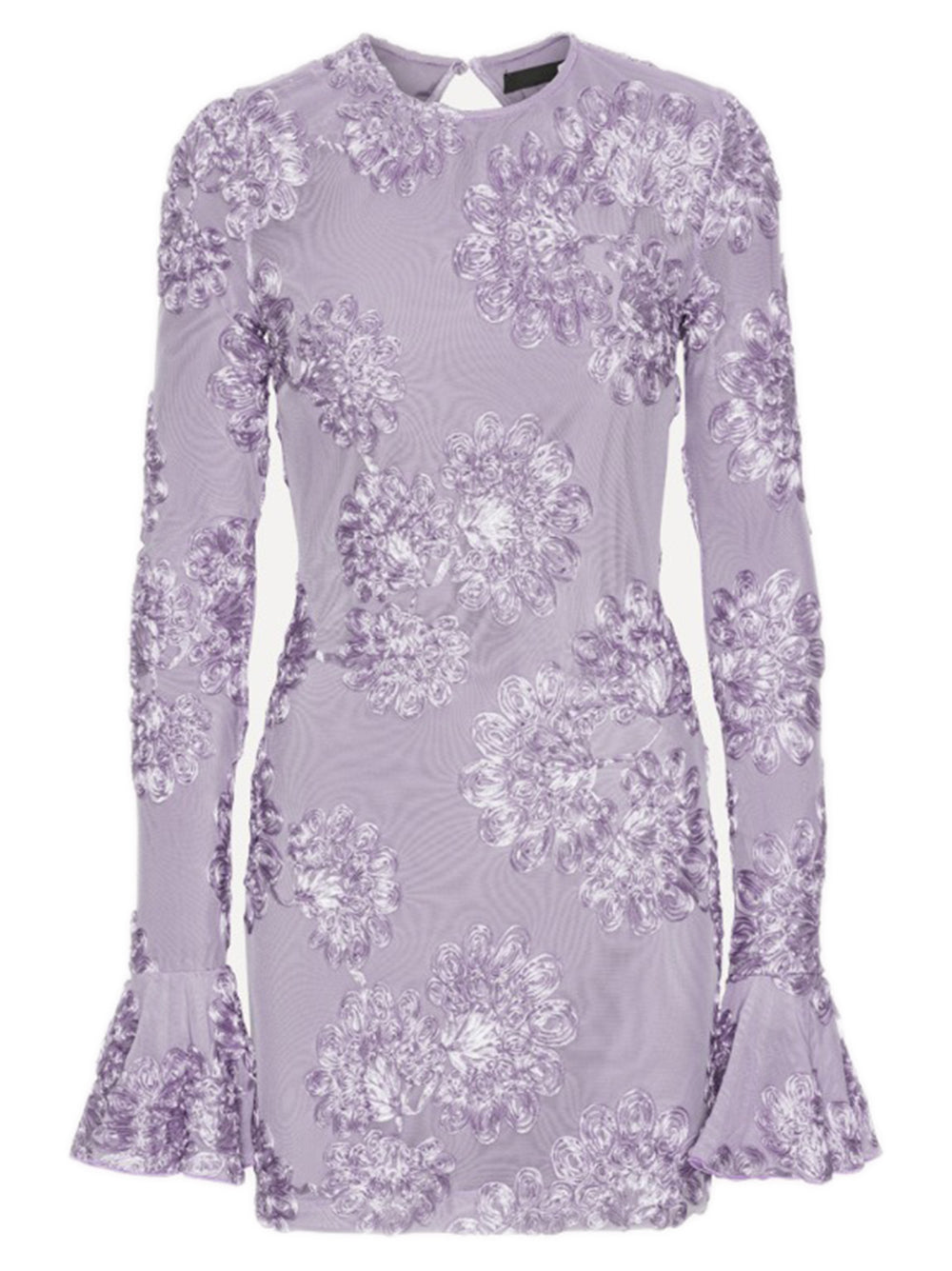 ROTATE BIRGERCHRISTENSEN Fitted 3D Mesh Mini Dress with Ruffled Shoulders