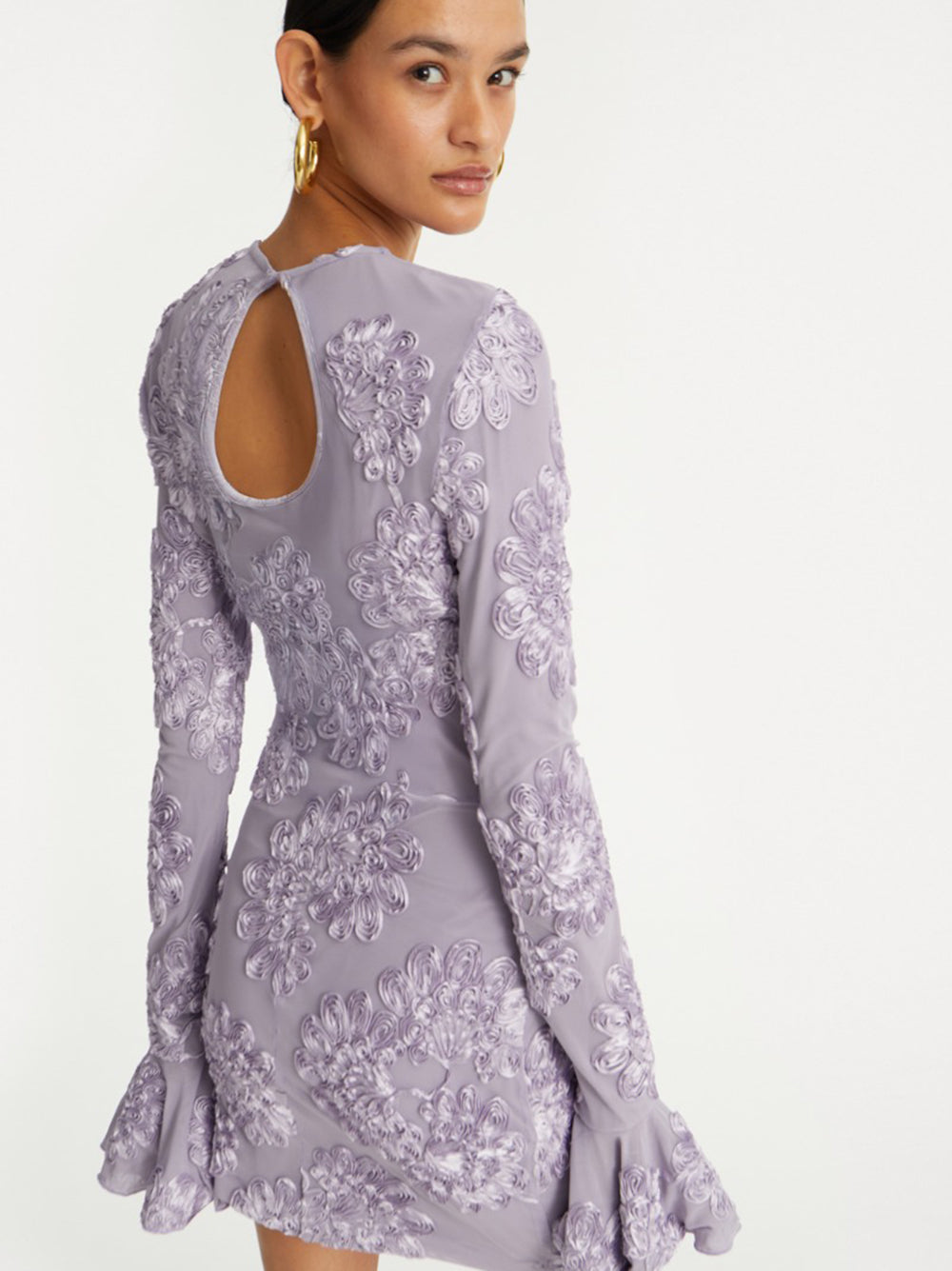 ROTATE BIRGERCHRISTENSEN Fitted 3D Mesh Mini Dress with Ruffled Shoulders