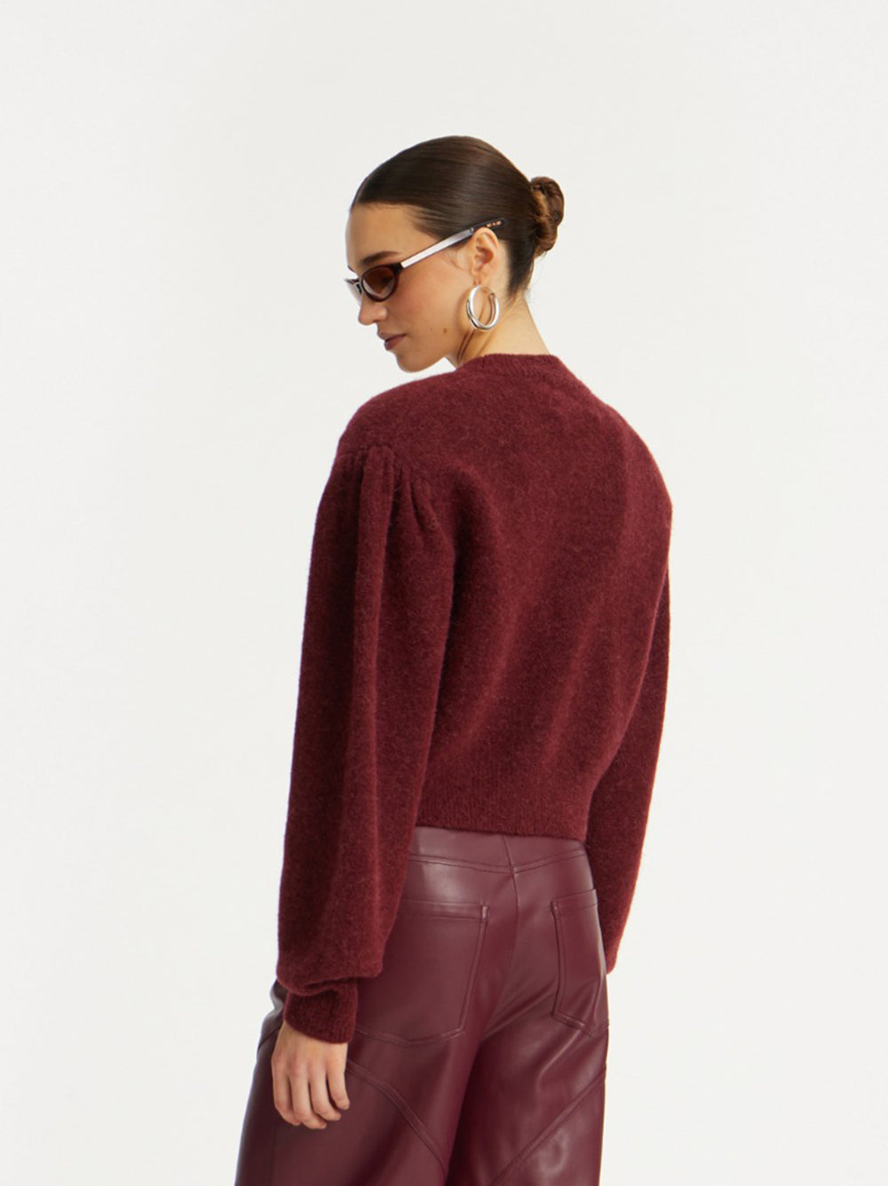 ROTATE BIRGERCHRISTENSEN Puff Sleeve Knit Cardigan with Rose Detail