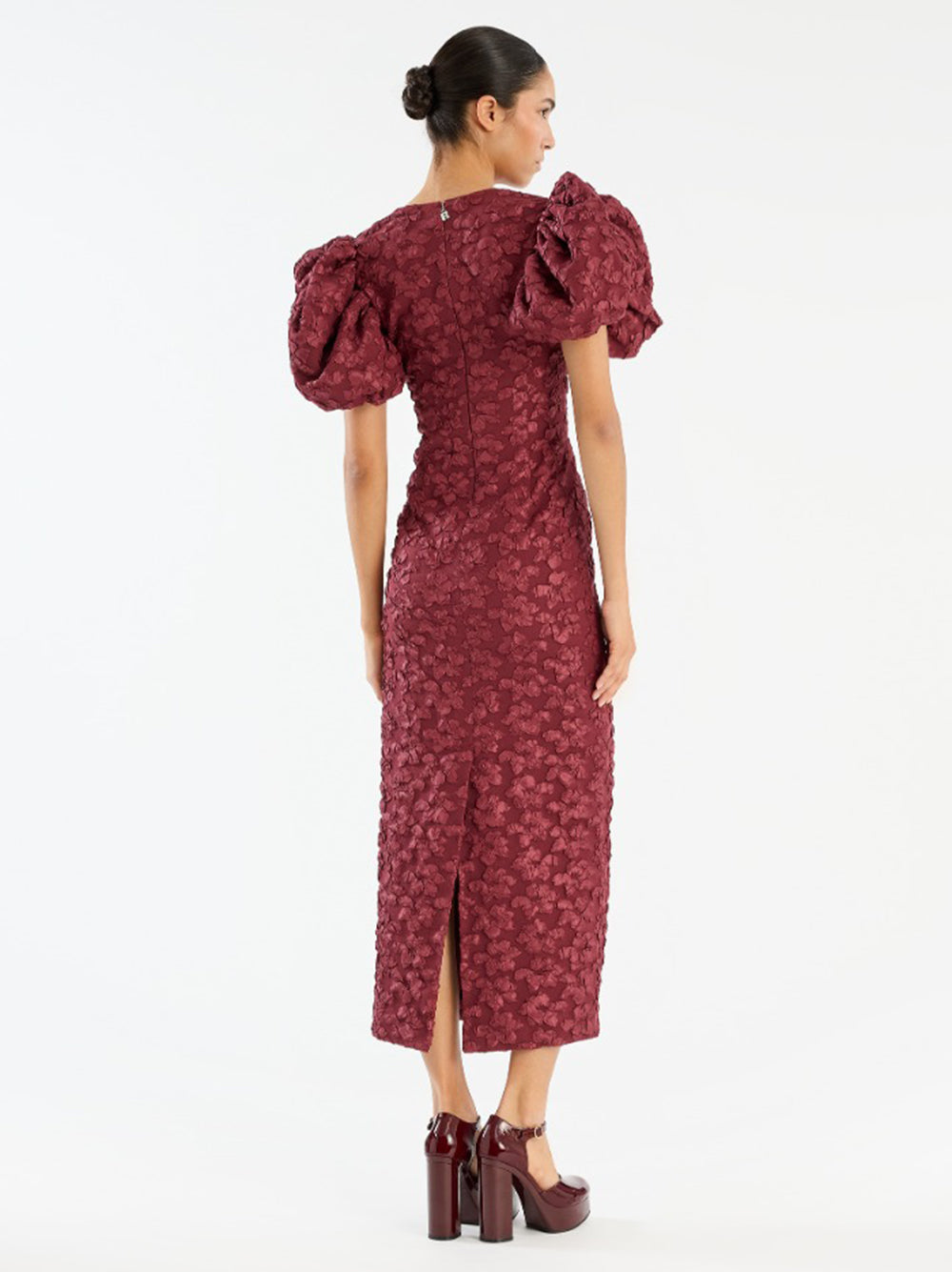 ROTATE BIRGERCHRISTENSEN Jacquard Midi Puffy Dress with Short Sleeves - Size 34