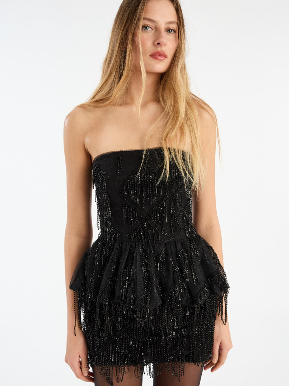 ROTATE BIRGERCHRISTENSEN Fitted Sequins Mini Skirt with Beaded Fringe - Size 34