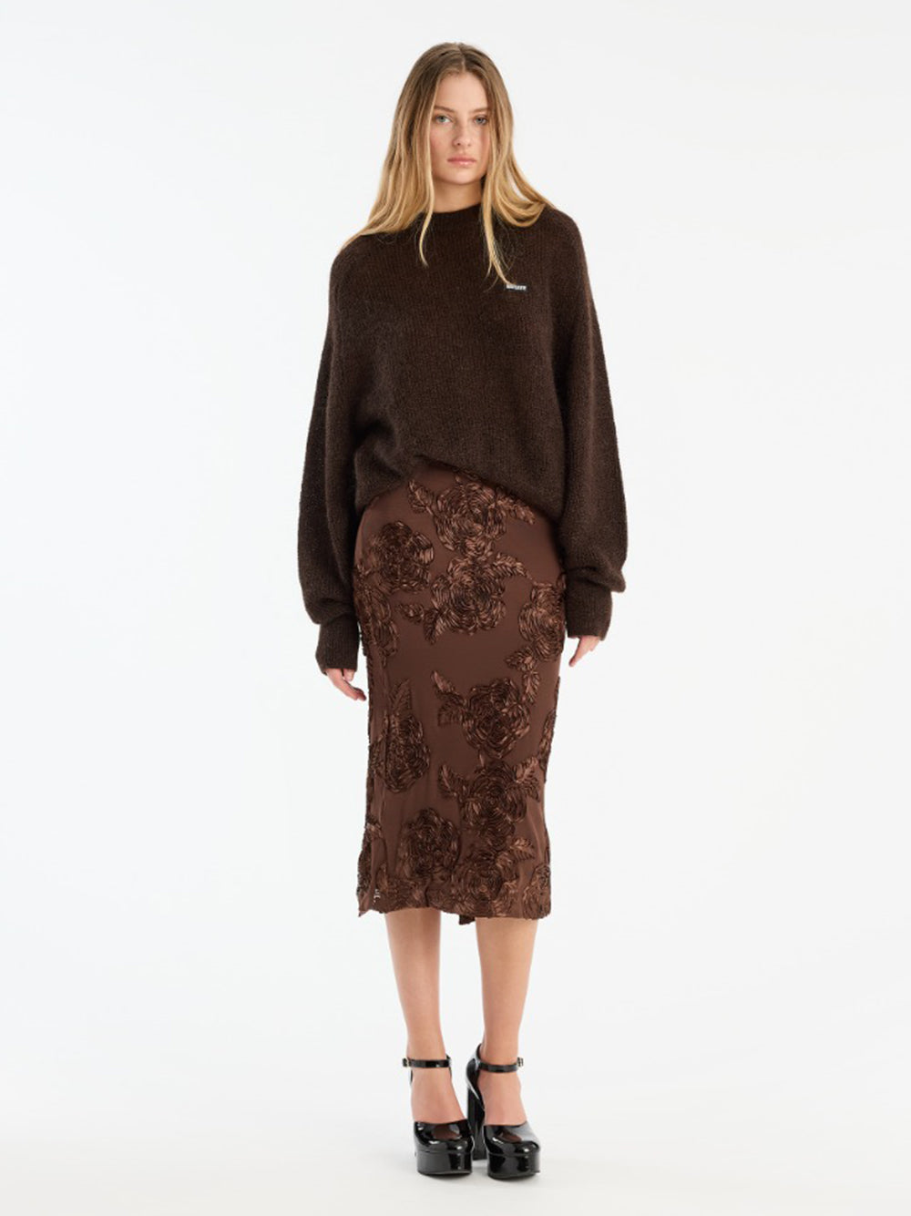 ROTATE BIRGERCHRISTENSEN Women's Midi Flower Mesh Pencil Skirt with Center Back Slit