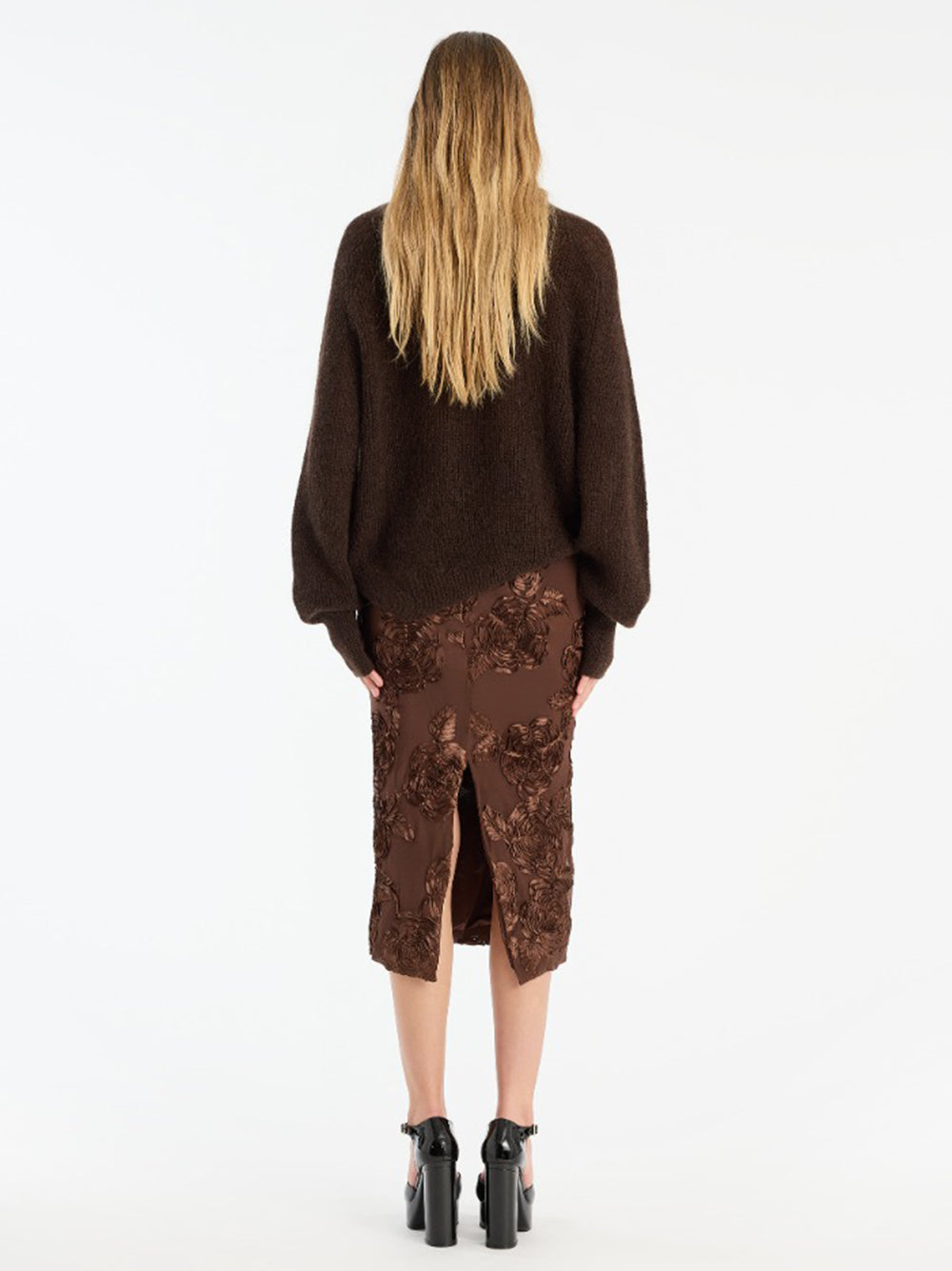 ROTATE BIRGERCHRISTENSEN Women's Midi Flower Mesh Pencil Skirt with Center Back Slit