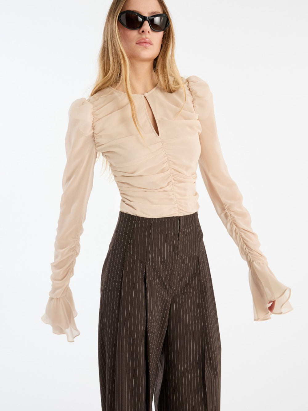 ROTATE BIRGERCHRISTENSEN Chiffon Long Sleeve Top with Ruched Detailing - Size 34