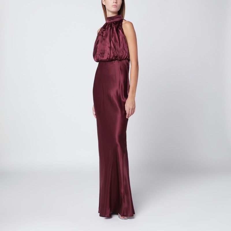 ROTATE BIRGERCHRISTENSEN Sleeveless Long Silk Dress with Ruched Halter Neckline