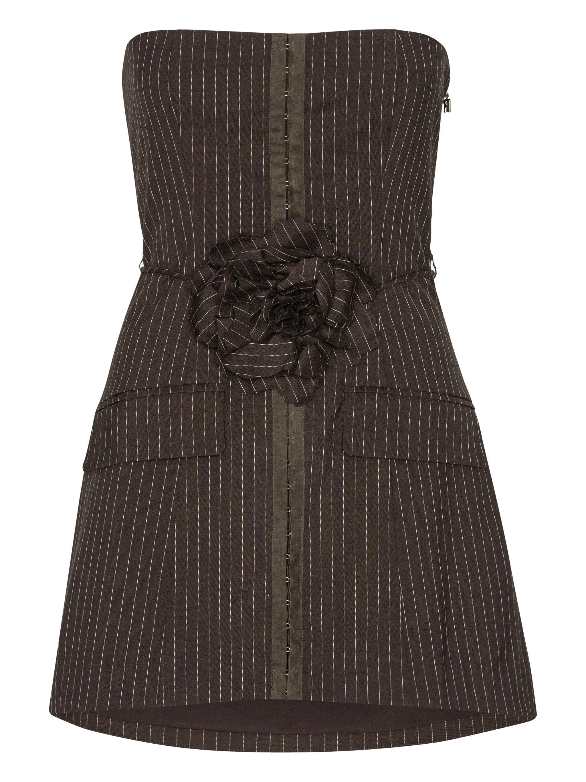 ROTATE BIRGERCHRISTENSEN Pinstripe Rose-Embellished Strapless Mini Dress (Size 34)