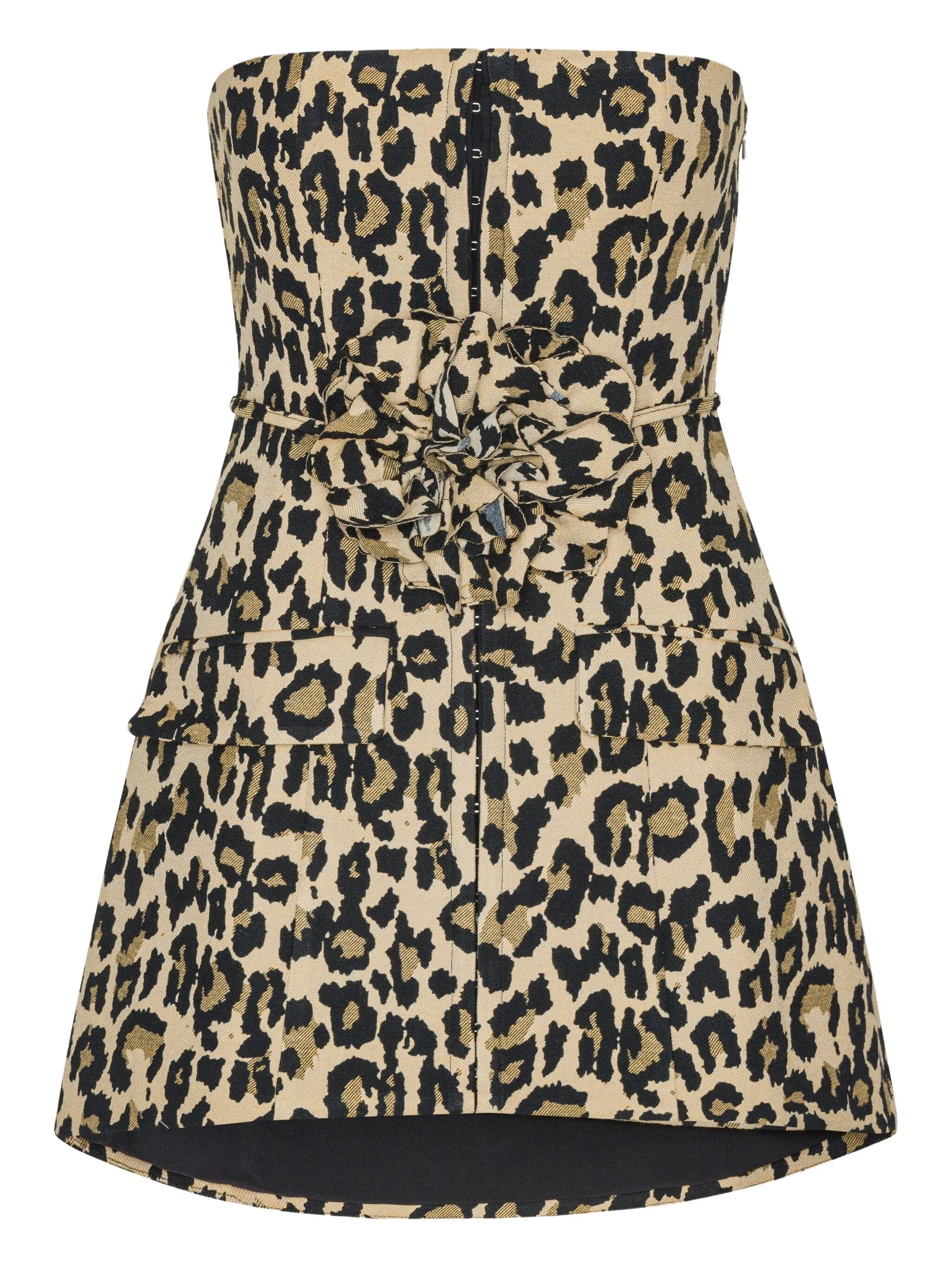 ROTATE BIRGERCHRISTENSEN Strapless Leopard Mini Dress with Rose Embellishment - Size 34