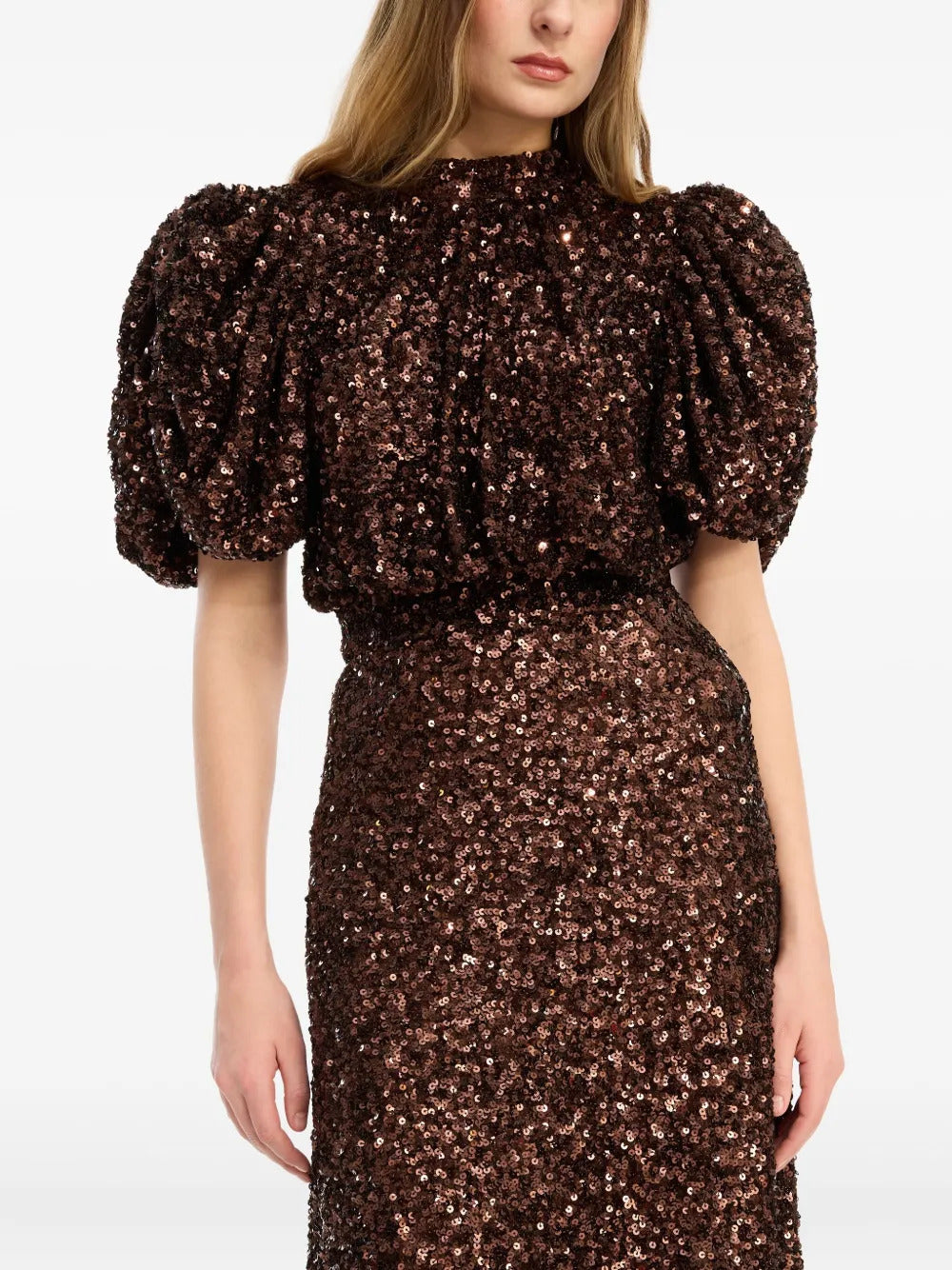 ROTATE BIRGERCHRISTENSEN Sequin Midi Dress with Short Sleeves