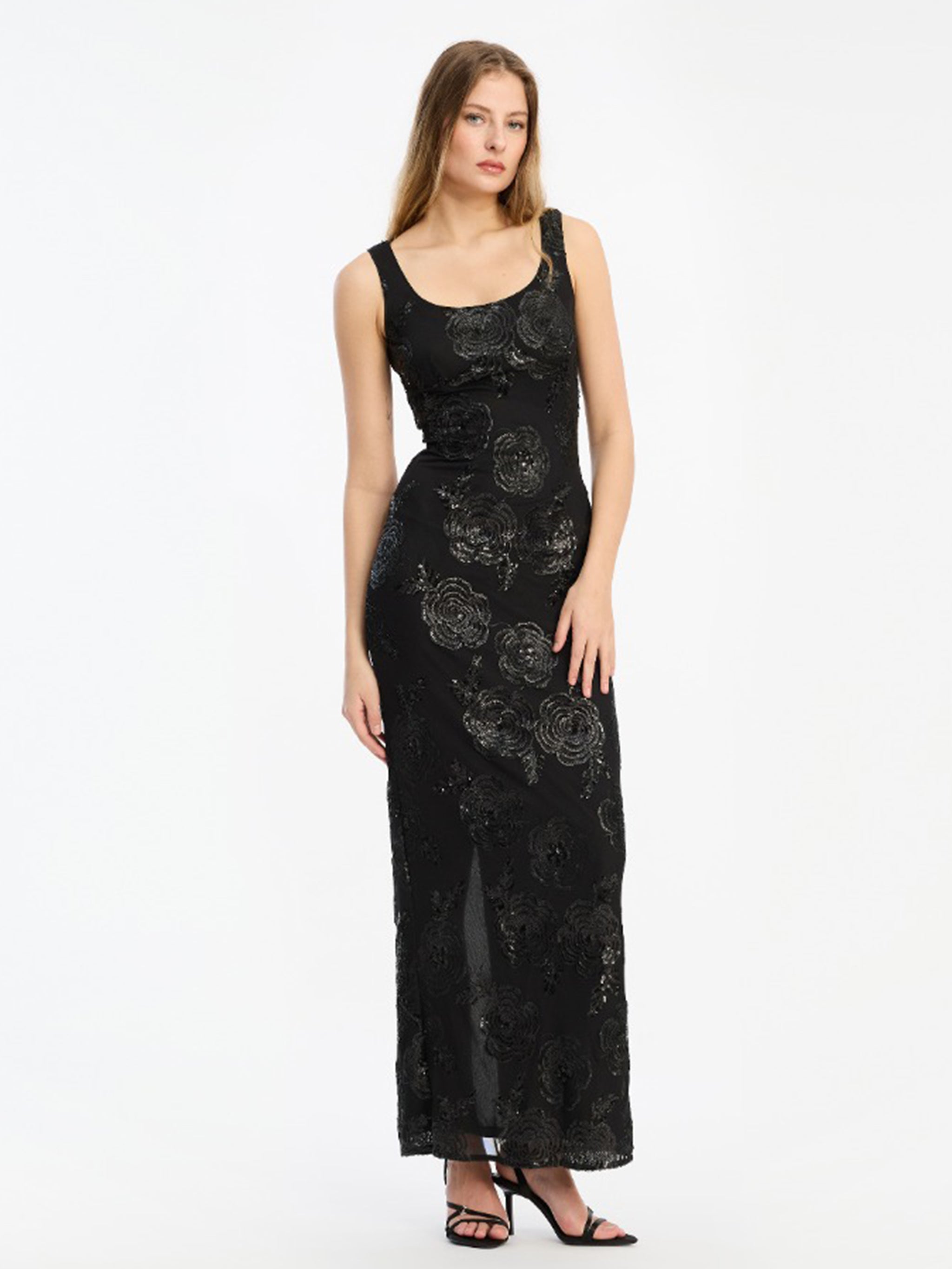 ROTATE BIRGERCHRISTENSEN Fitted Maxi Dress with Sequined Floral Embroidery