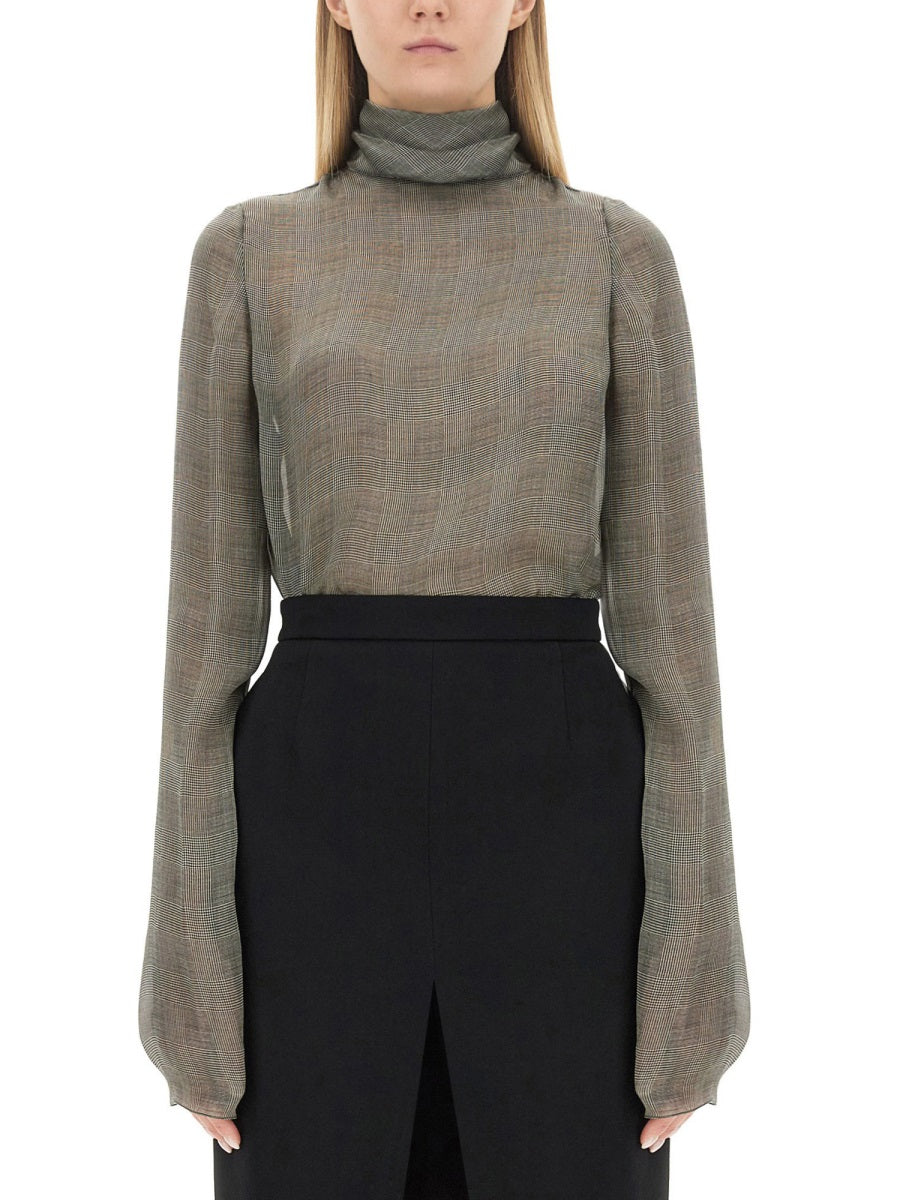 SAINT LAURENT Silk Charmeuse Turtleneck Blouse - Slim Fit Size 38