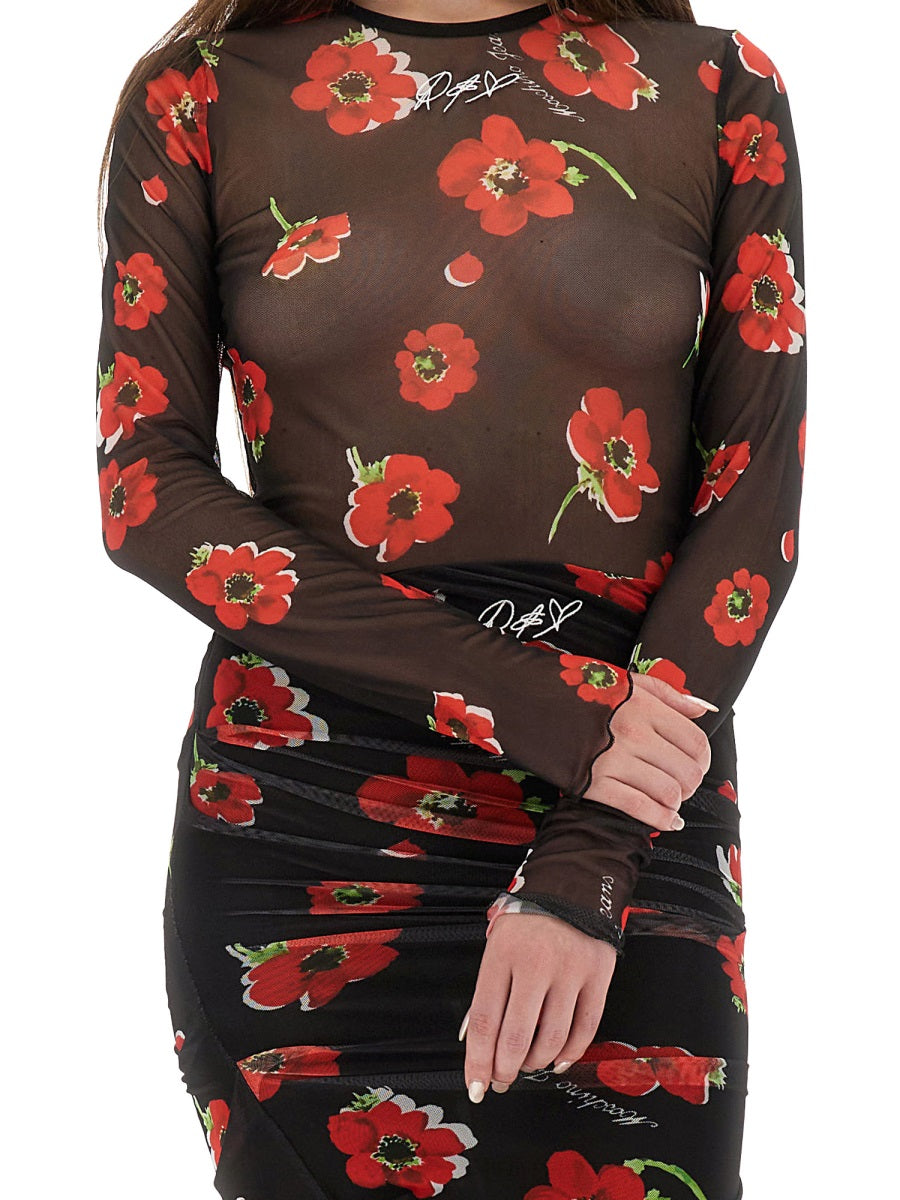 MOSCHINO JEANS Floral Mesh Slim Fit Top - Size 40 IT