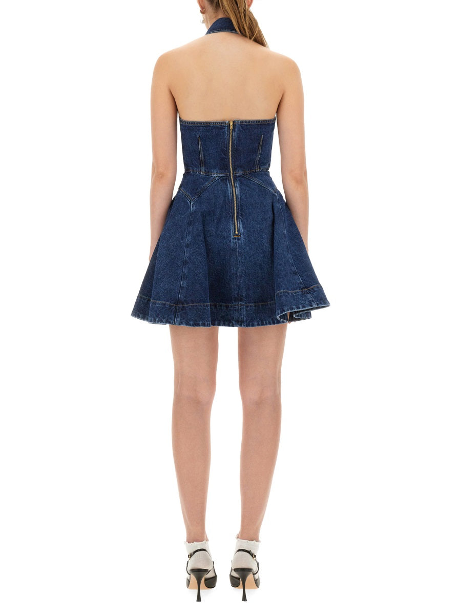 SELF-PORTRAIT Fitted Denim Flared Mini Dress - Size 6 UK