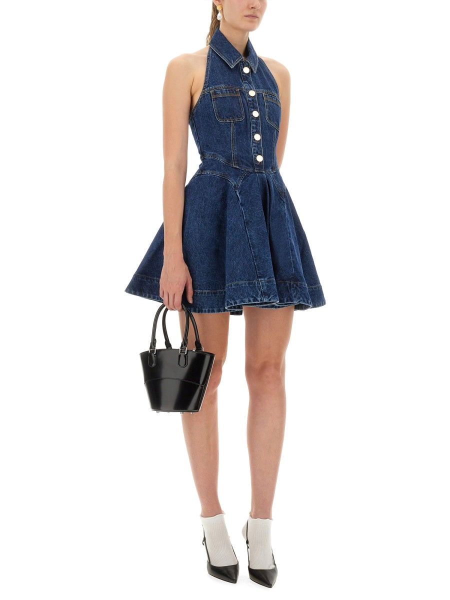 SELF-PORTRAIT Fitted Denim Flared Mini Dress - Size 6 UK