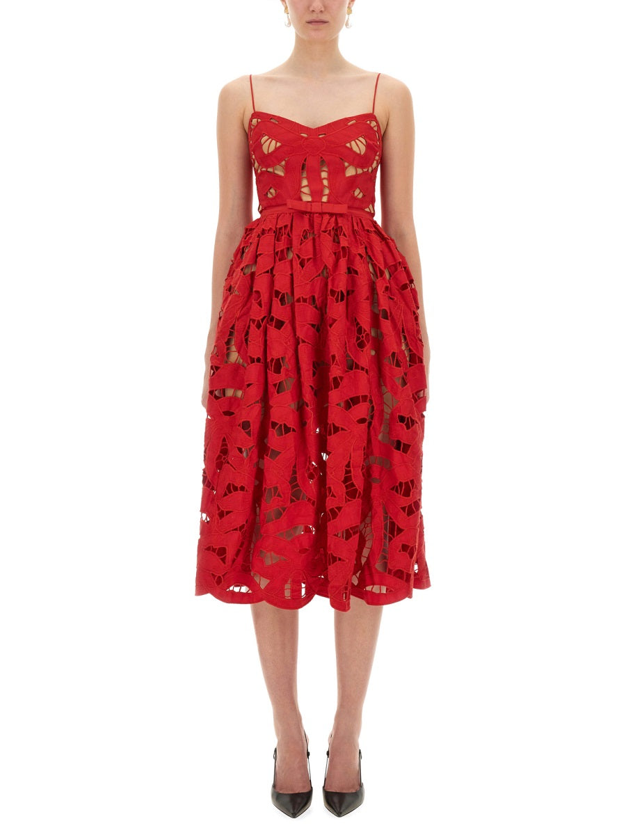 SELF-PORTRAIT Embroidered Midi Dress with Bow - Size 6 UK