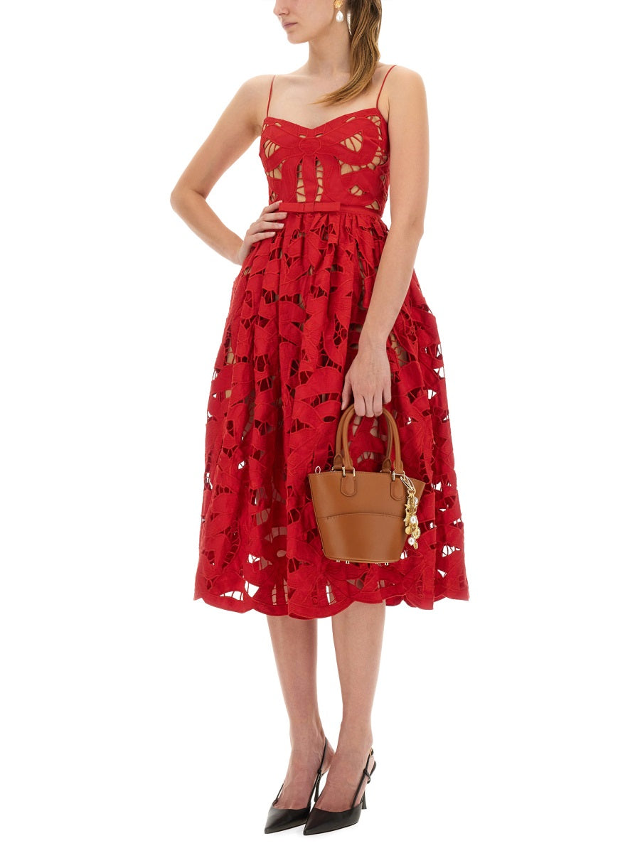 SELF-PORTRAIT Embroidered Midi Dress with Bow - Size 6 UK
