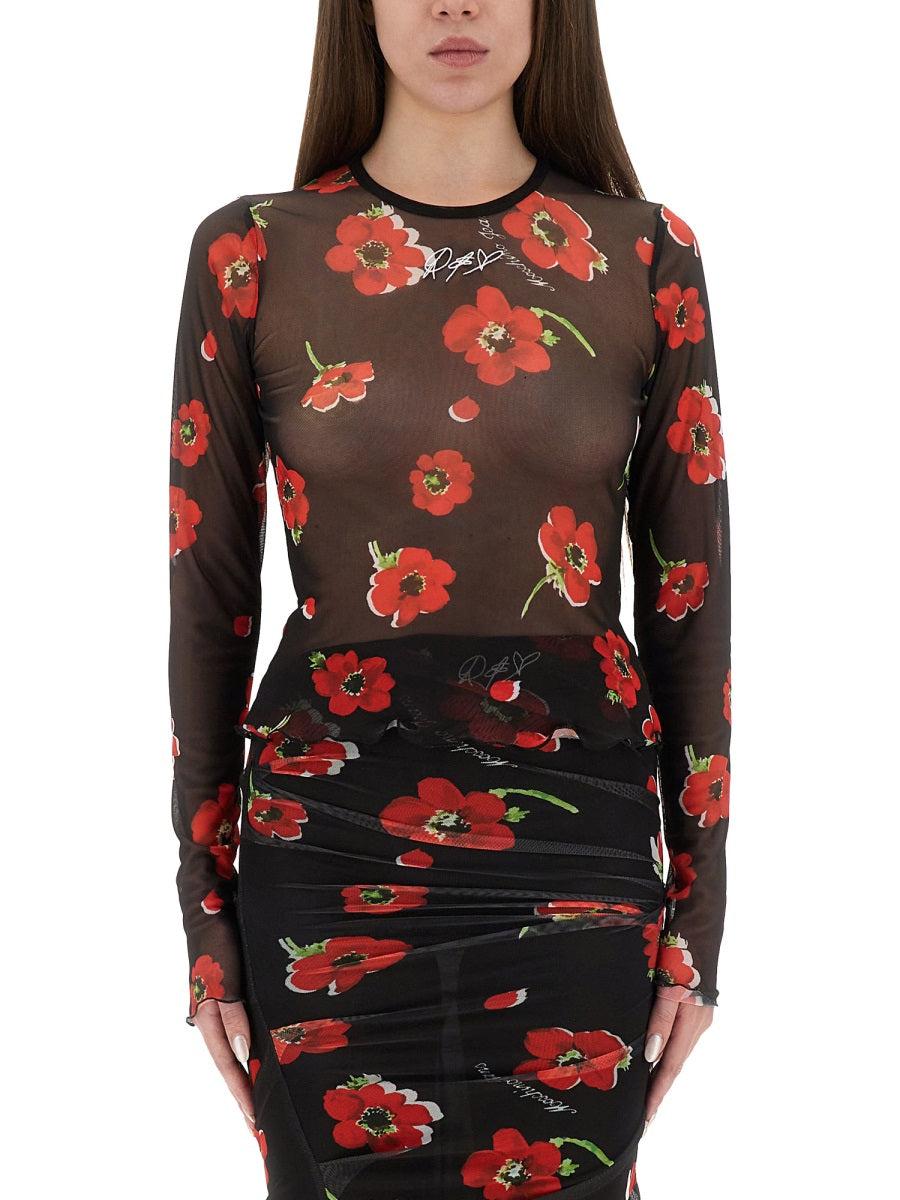 MOSCHINO JEANS Floral Mesh Slim Fit Top - Size 40 IT