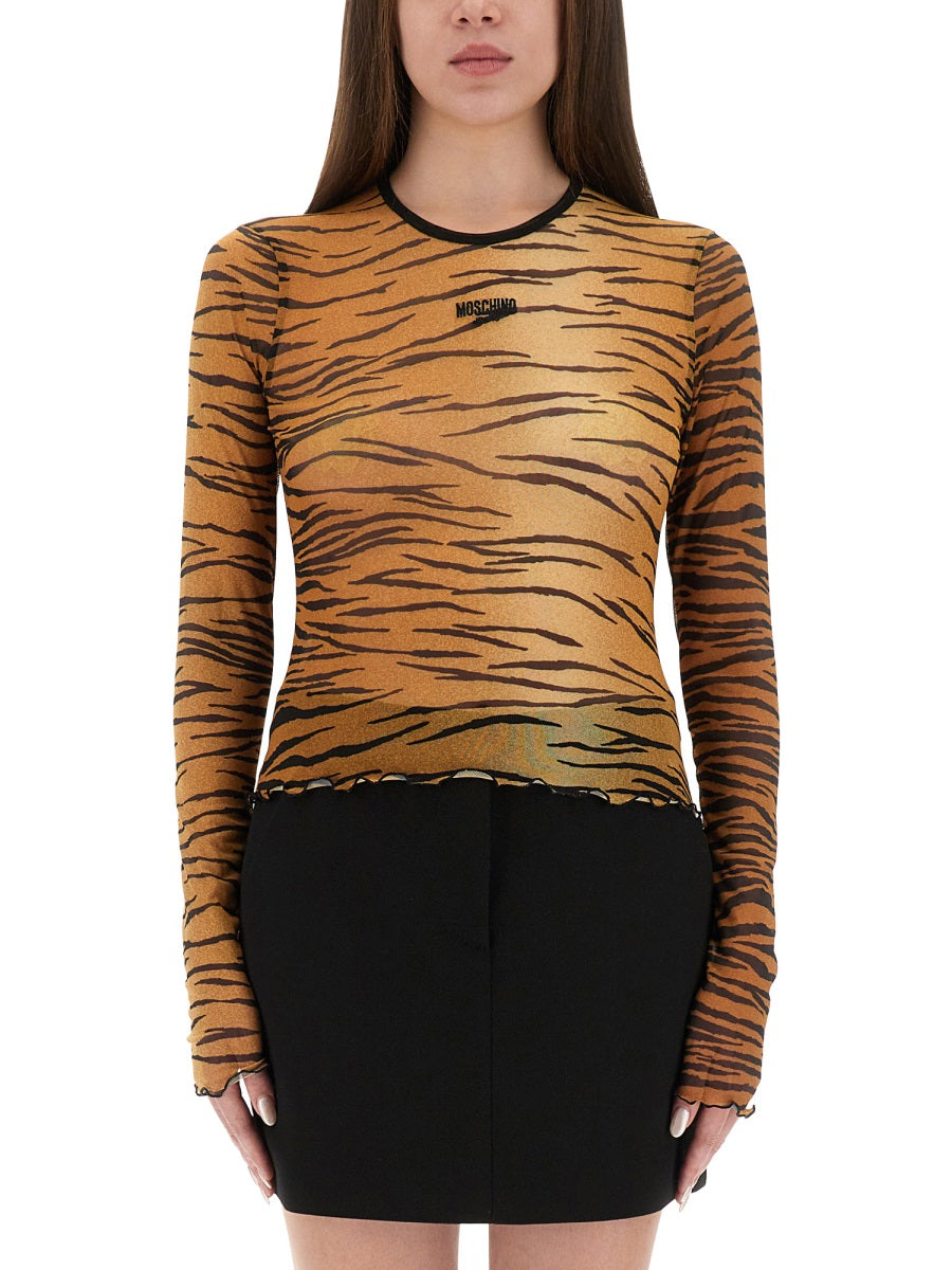 MOSCHINO JEANS Slim Fit Animal Print Mesh Top (Size 40 IT)