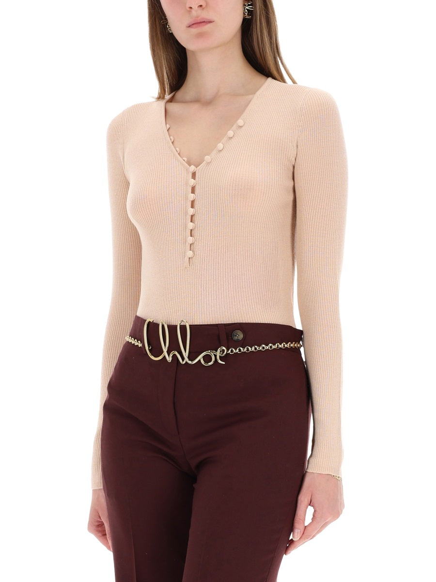CHLOÉ Ribbed Knit Top with Buttons - Size S