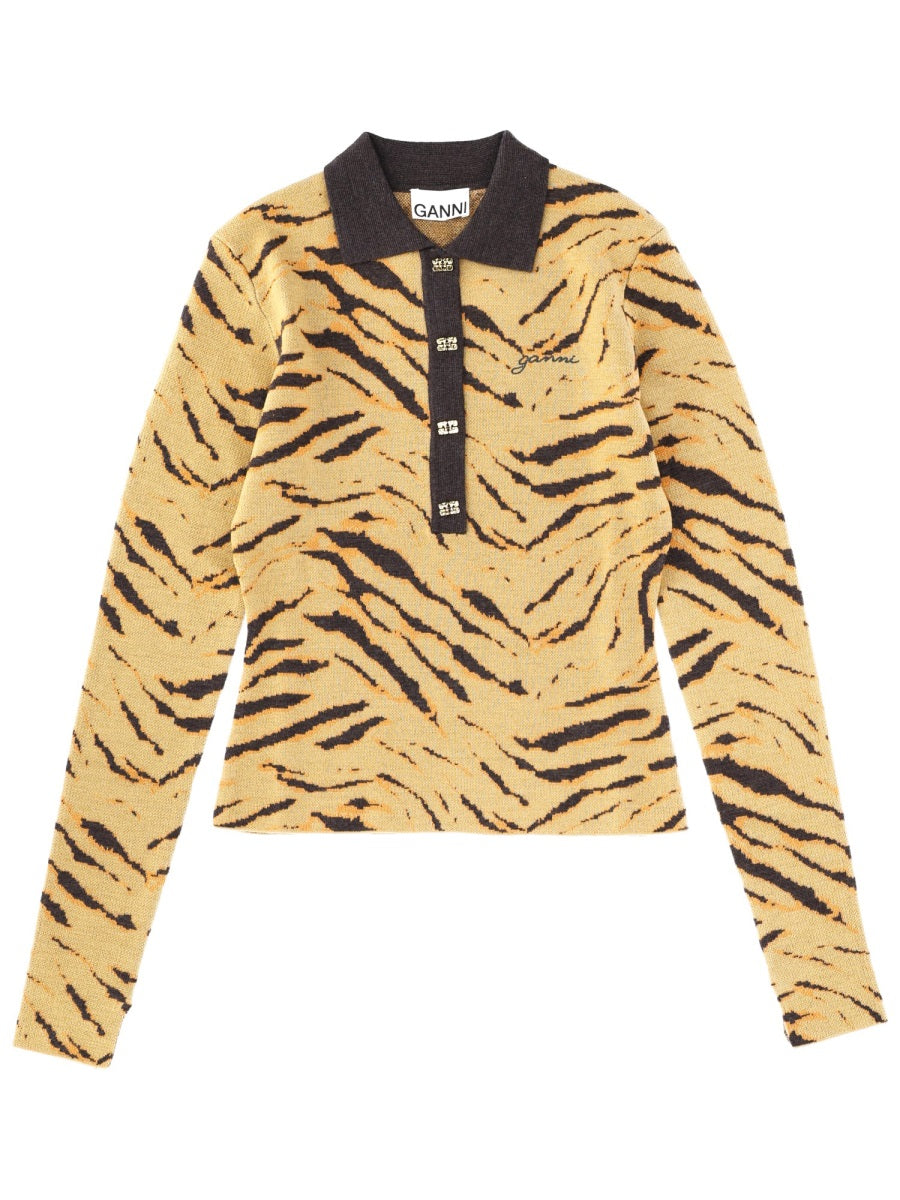 GANNI Zebra Print Polo Shirt for Women - FW25 Collection