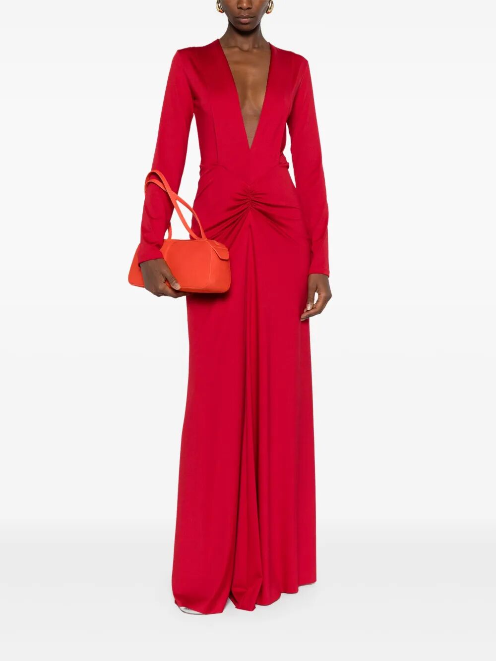 VICTORIA BECKHAM V-Neck Long Dress with Gathered Detail for Women