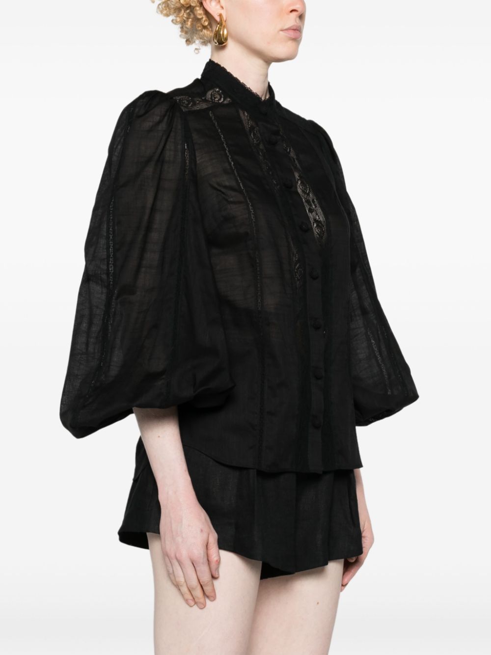 ZIMMERMANN Lace Trim Band Collar Button-Up Shirt