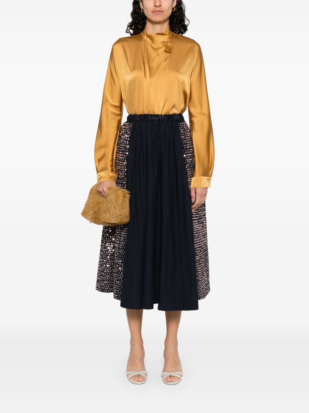 FORTE FORTE Women's High Neck Silk Blouse with Front Tie Fastening