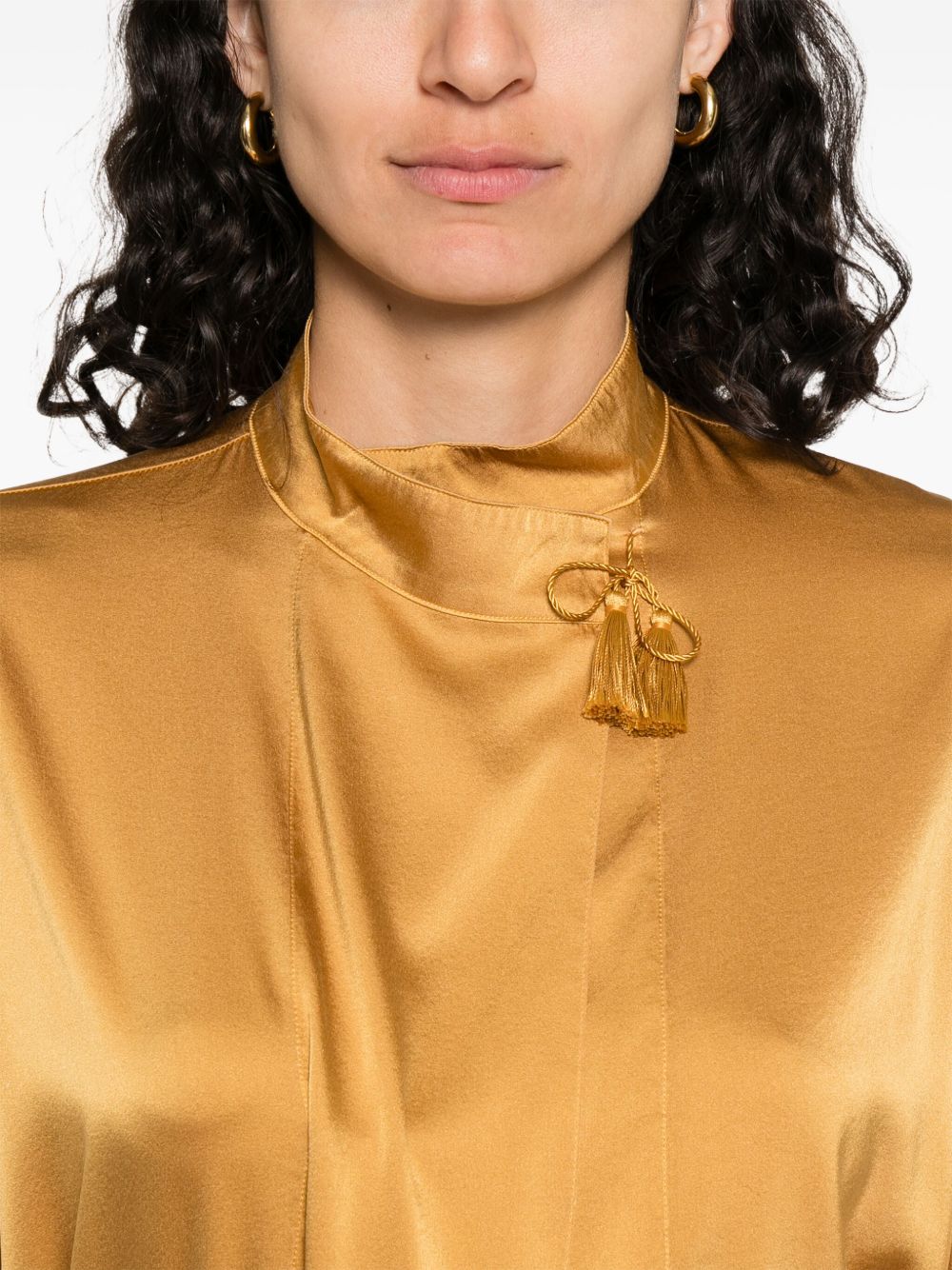 FORTE FORTE Women's High Neck Silk Blouse with Front Tie Fastening