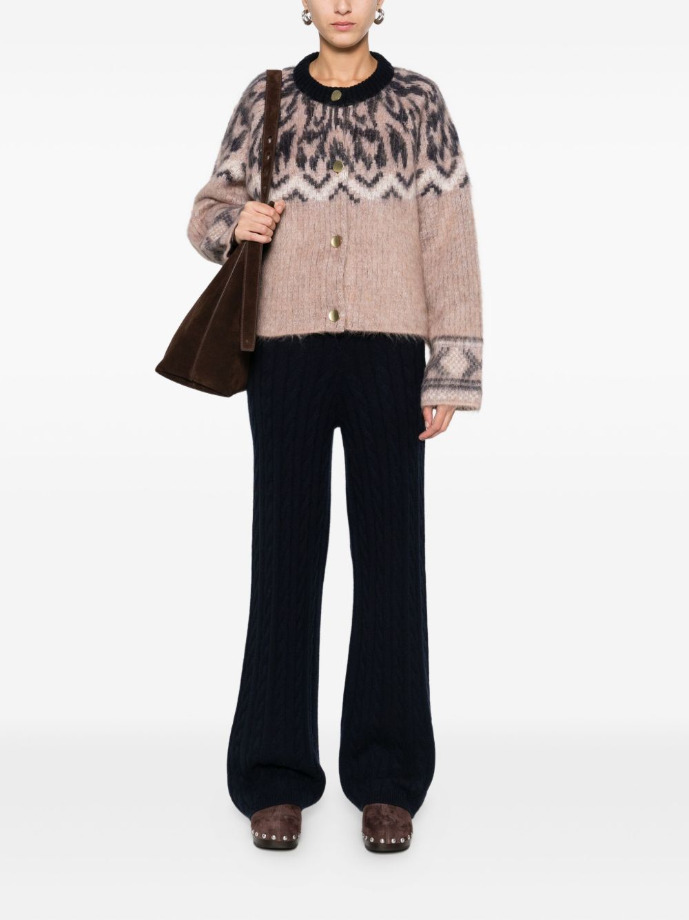 FORTE FORTE Wool Jacquard Cardigan with Round Neck and Button Fastening