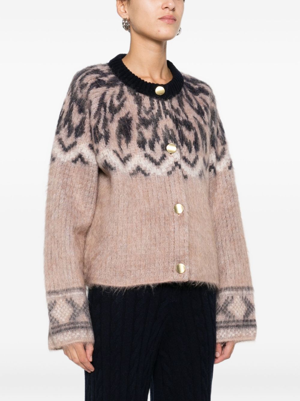 FORTE FORTE Wool Jacquard Cardigan with Round Neck and Button Fastening