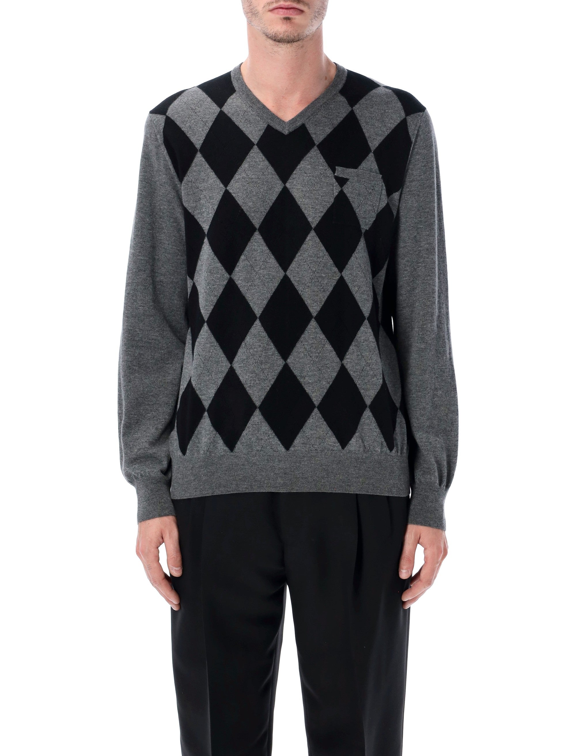 Ferragamo Men's Virgin Wool Argyle V-Neck Sweater - Regular Fit