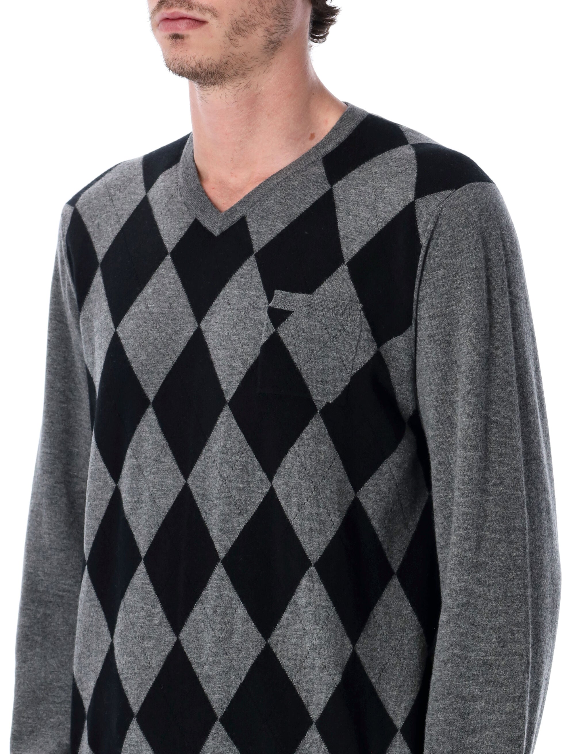 Ferragamo Men's Virgin Wool Argyle V-Neck Sweater - Regular Fit