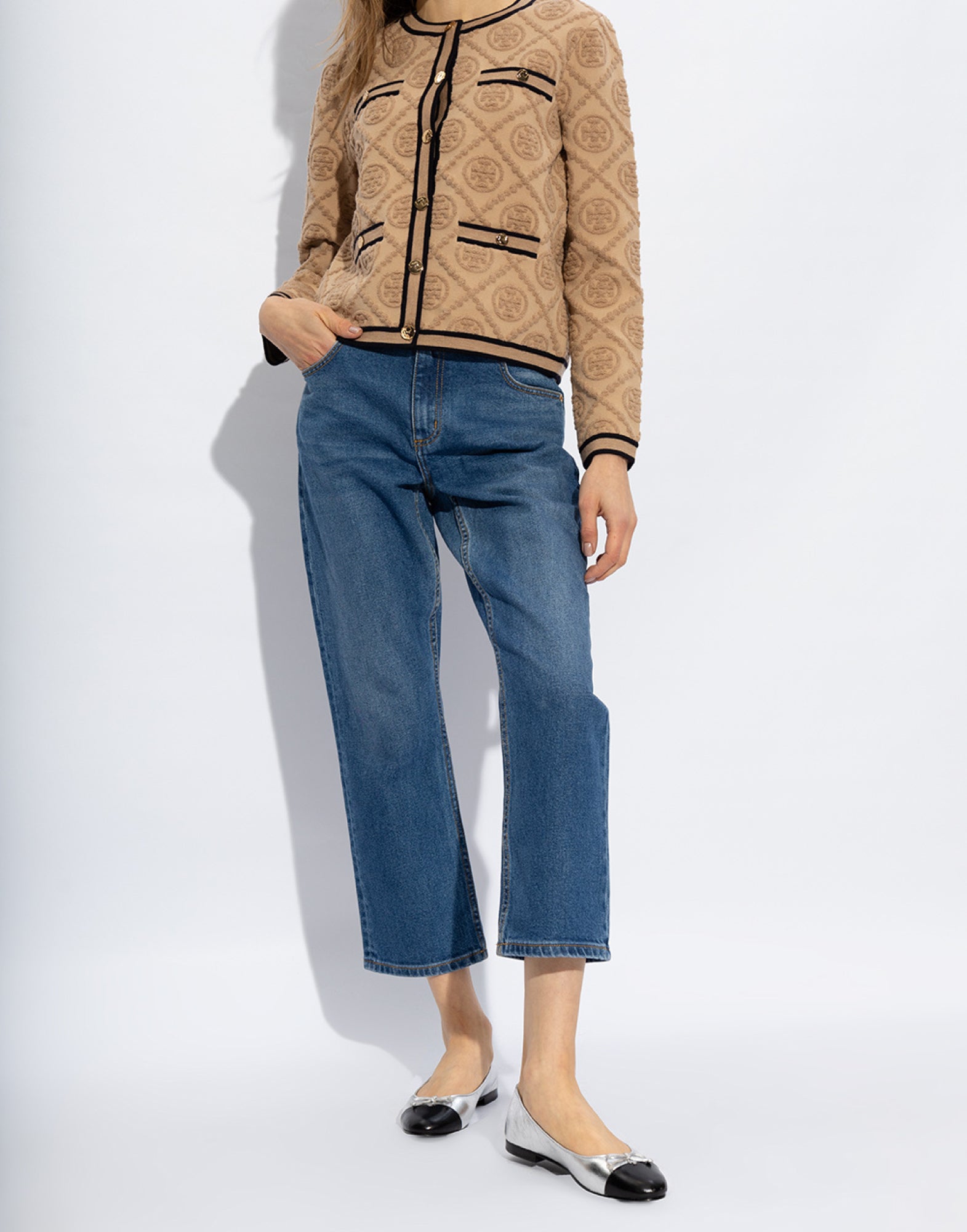 TORY BURCH Metallic Leather Cap-Toe Logo Ballerina Flats