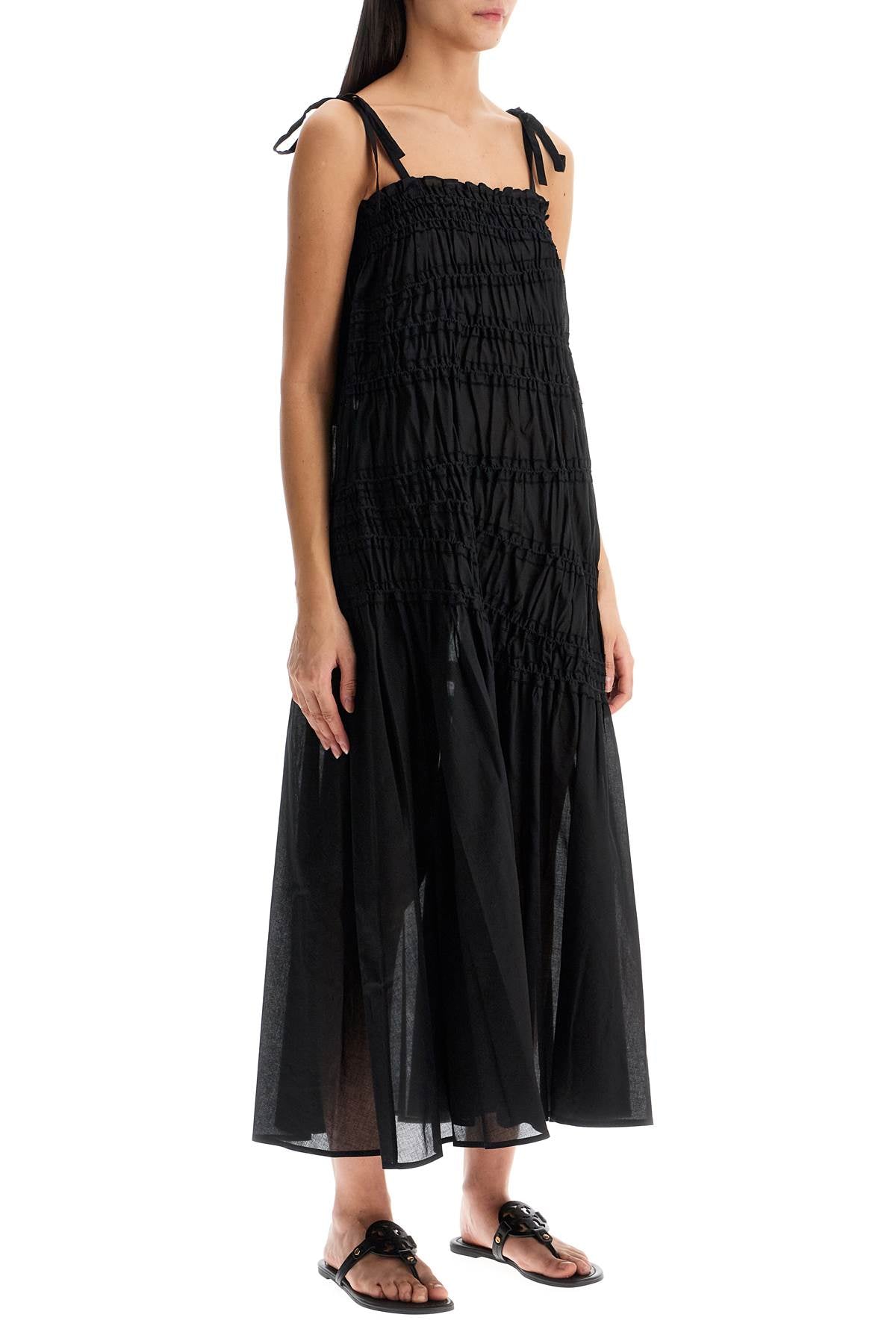 TORY BURCH Pleated Cotton Midi Dress with Thin Straps