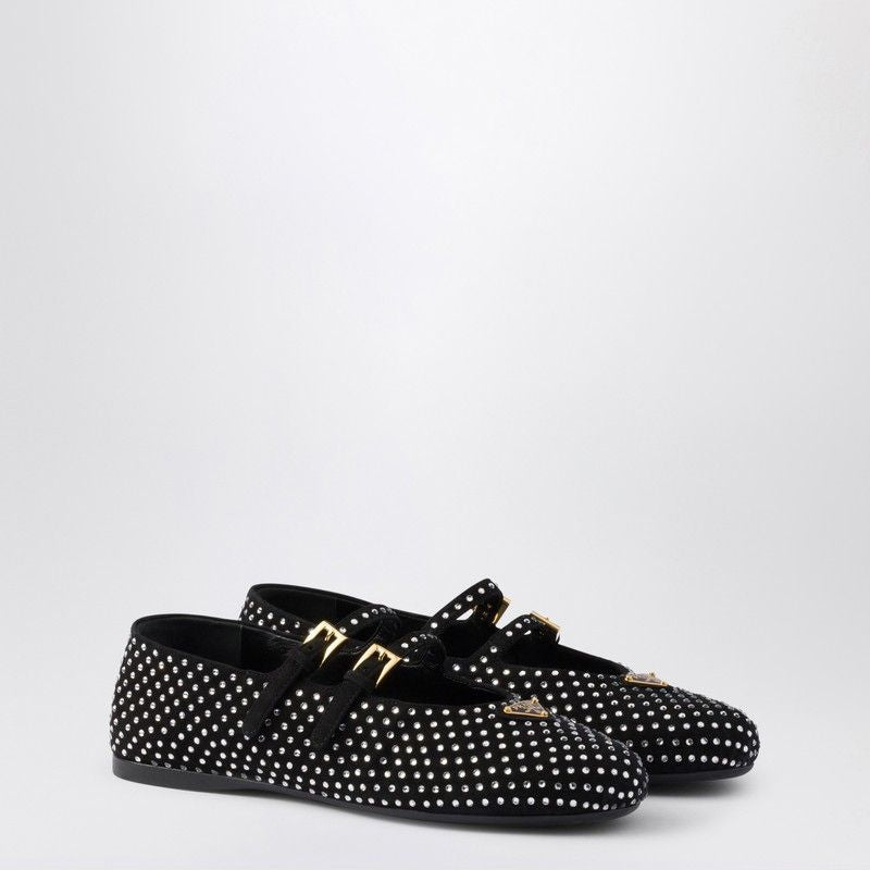 PRADA Rhinestone Ballerina Flats with Logo Triangle