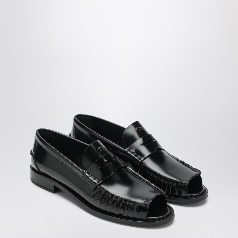 PRADA Brushed Leather Peep Toe Loafers