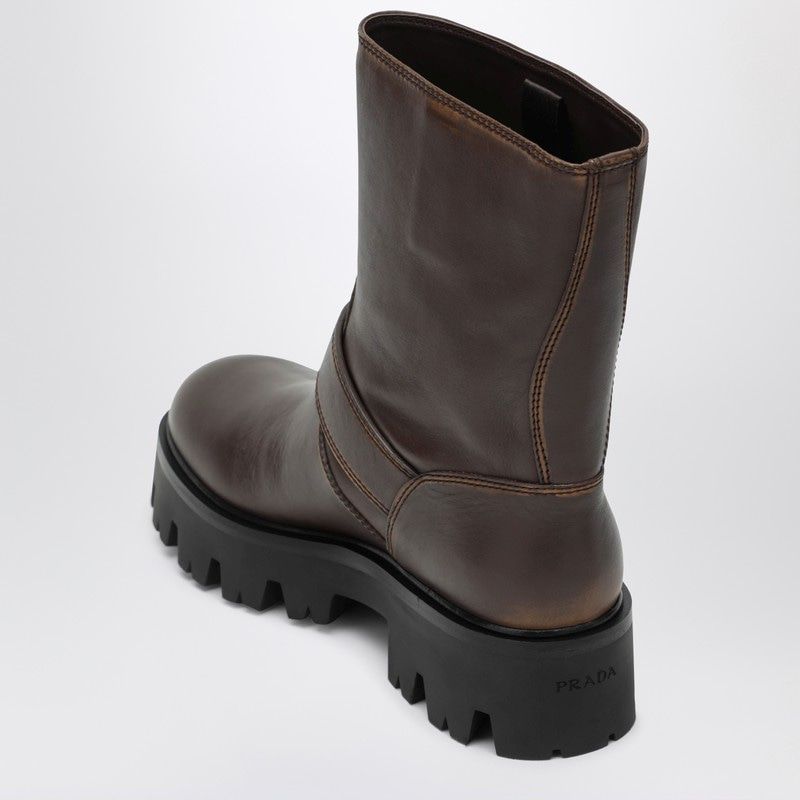 PRADA Distressed Leather Ankle Boots with Metal Buckle
