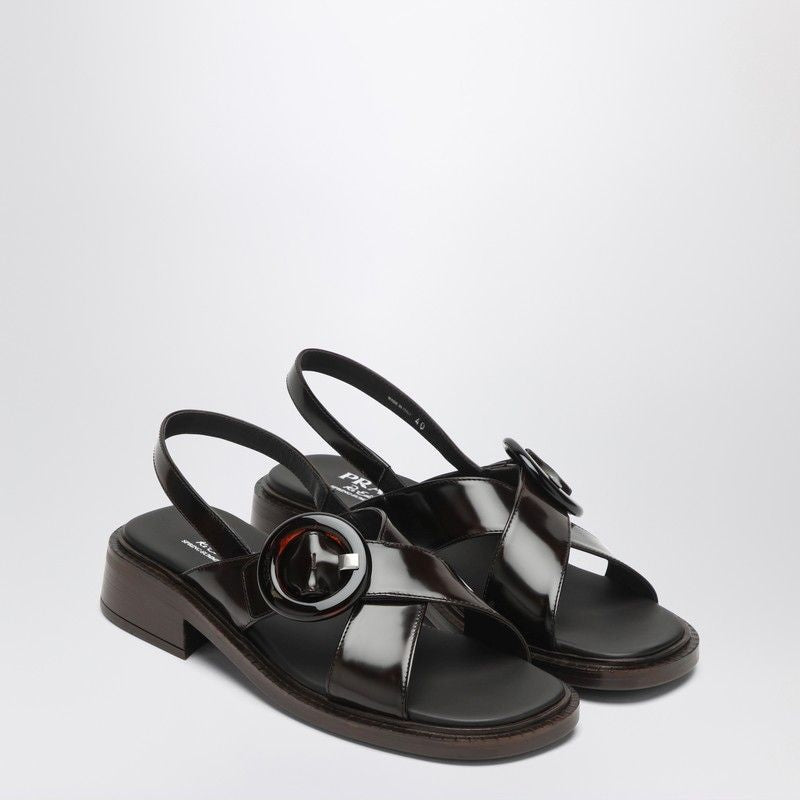 PRADA Brushed Leather Sandals with Tortoiseshell Buckle