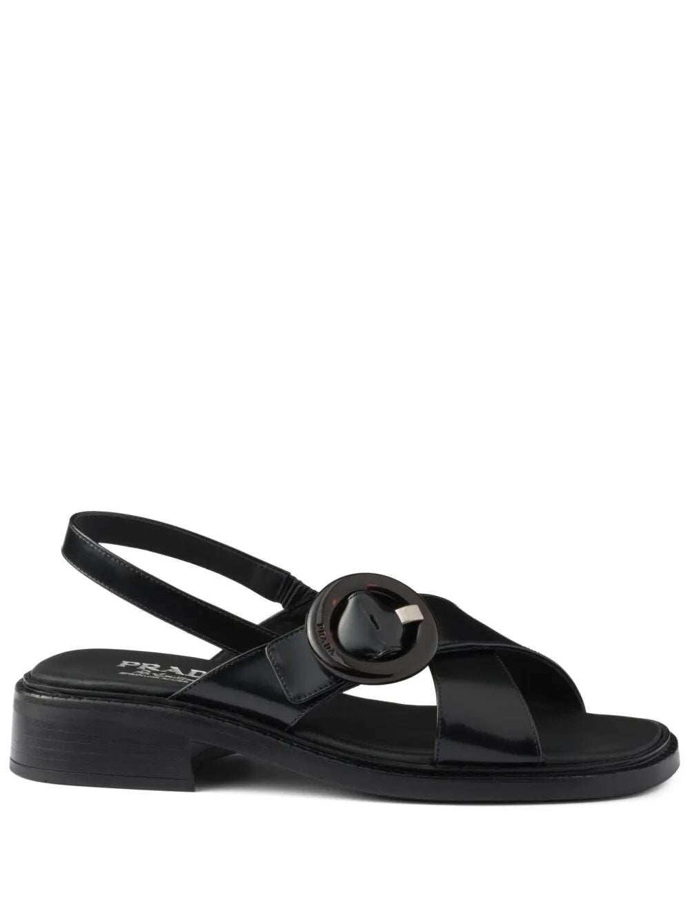 PRADA Brushed Leather Crisscross Band Sandals with Plexiglas Buckle - 3.5 cm Heel