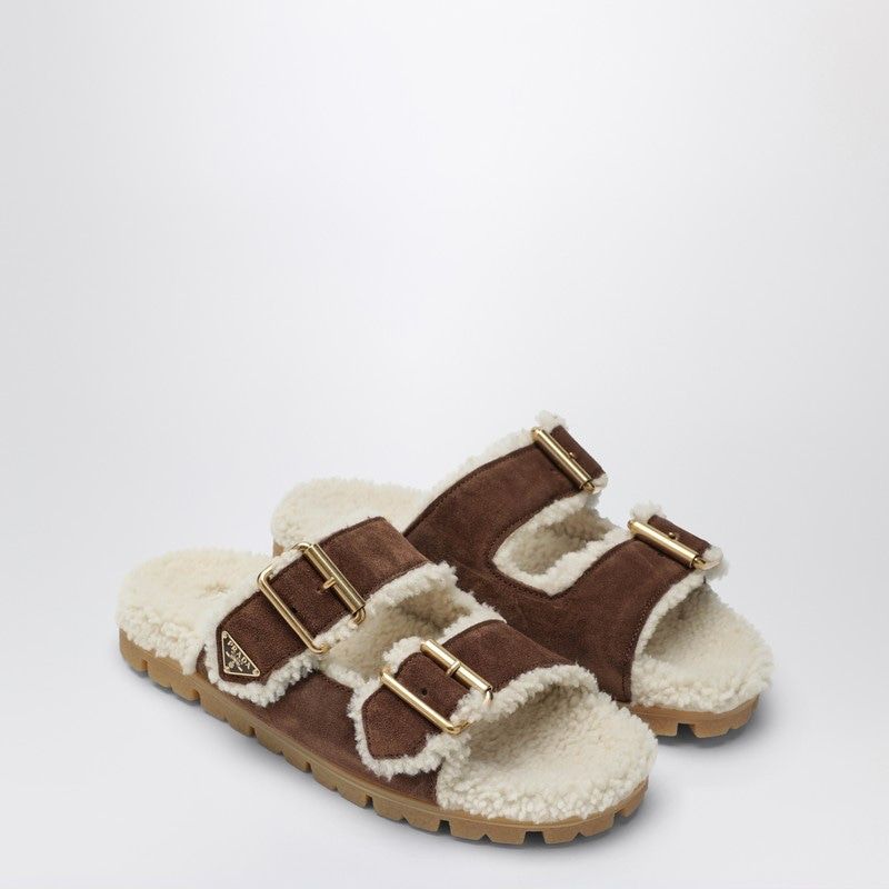 PRADA Suede and Shearling Slide Sandals with Adjustable Buckle Straps