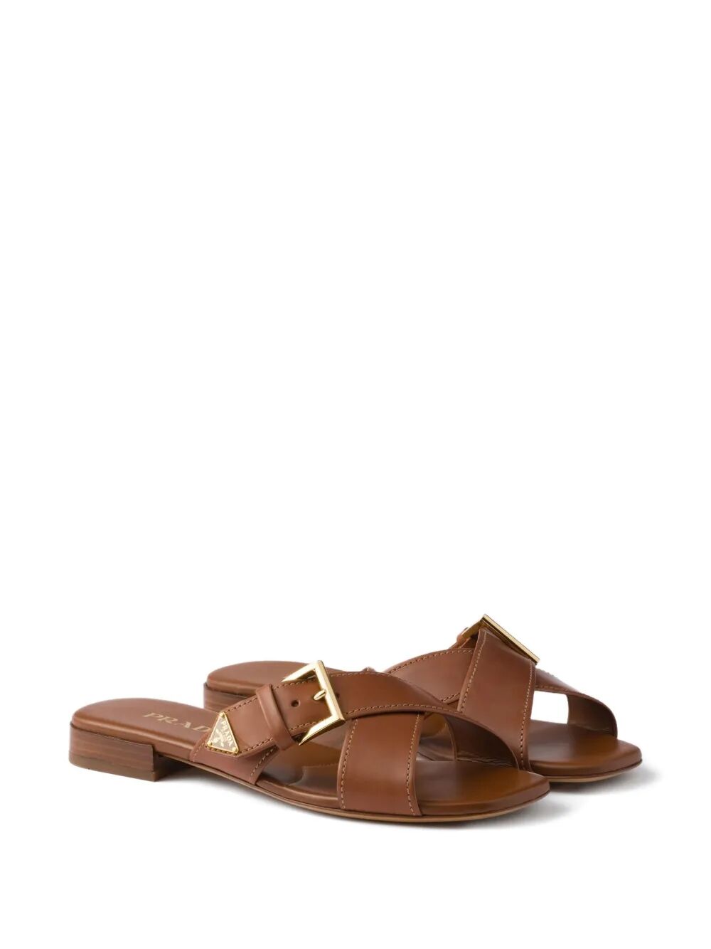 PRADA Leather Crisscross Slide Sandals with Buckle - 1 cm Heel