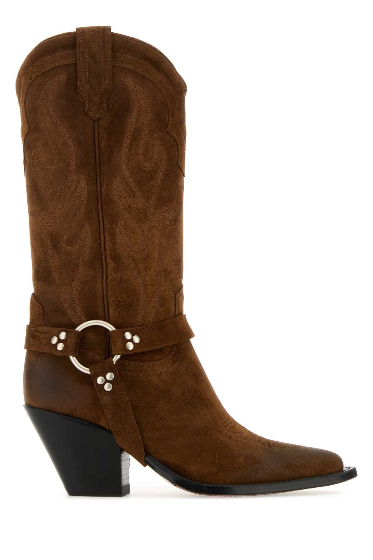 SONORA Brown Suede Santa Fe Belt Boots with 8 cm Heel Height