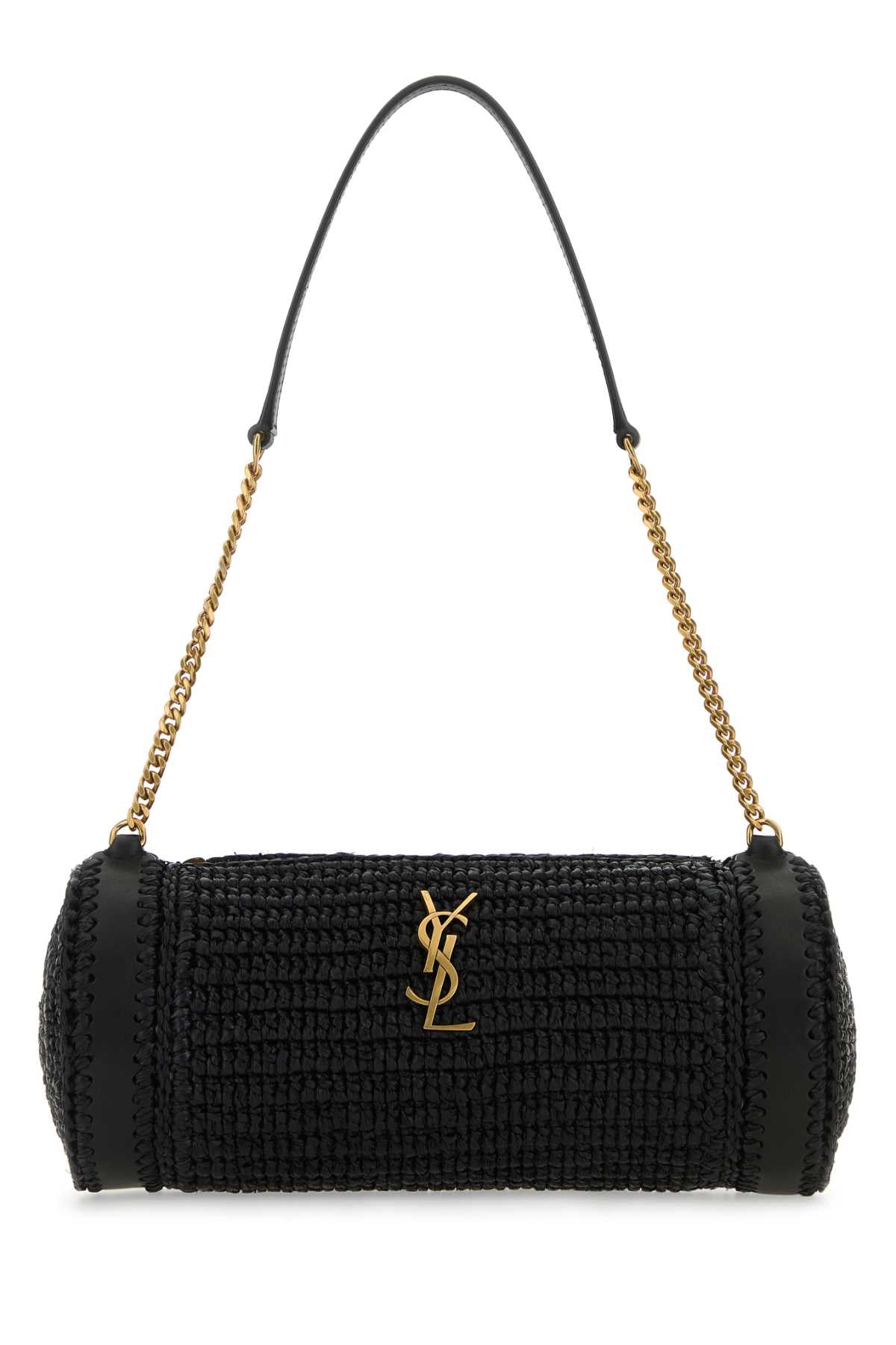 SAINT LAURENT Elegant Mini Raffia and Leather Cassandre Shoulder Handbag
