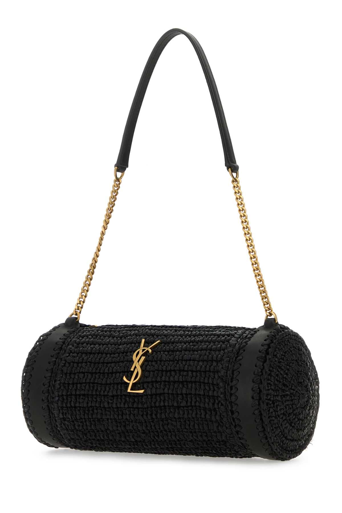 SAINT LAURENT Elegant Mini Raffia and Leather Cassandre Shoulder Handbag