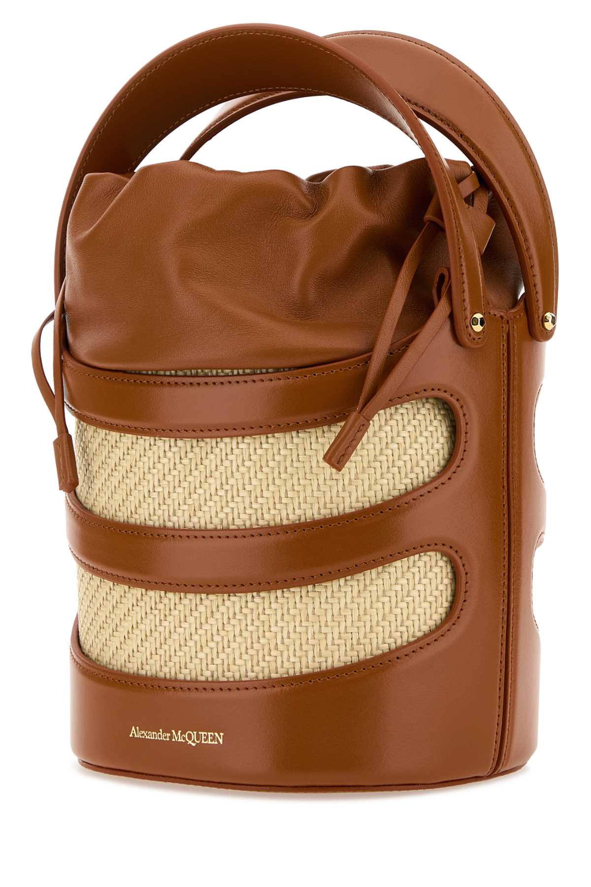 ALEXANDER MCQUEEN Two-Tone Leather and Raffia Mini Bucket Handbag - 16 cm x 18 cm
