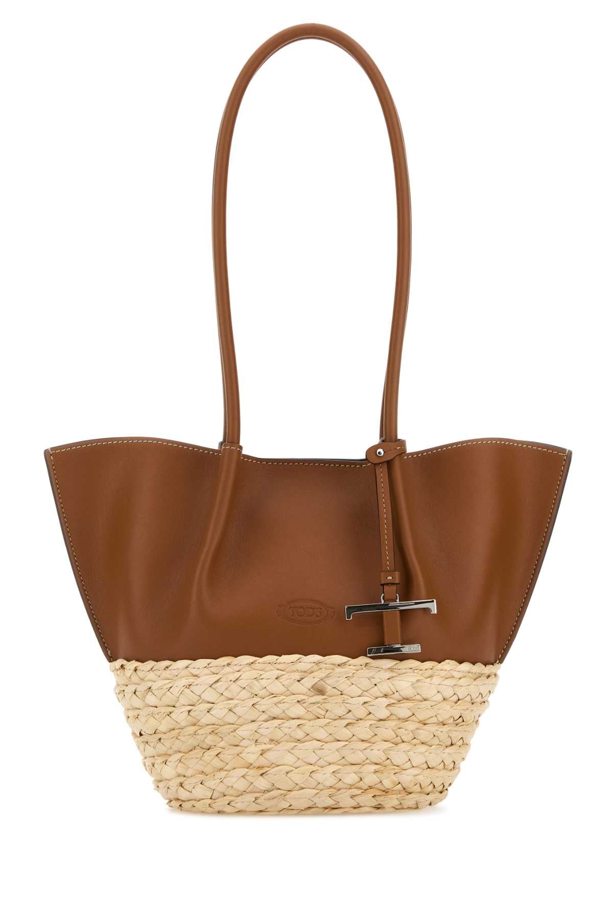TOD'S Mini Two-tone Leather and Raffia Small Shopping Handbag