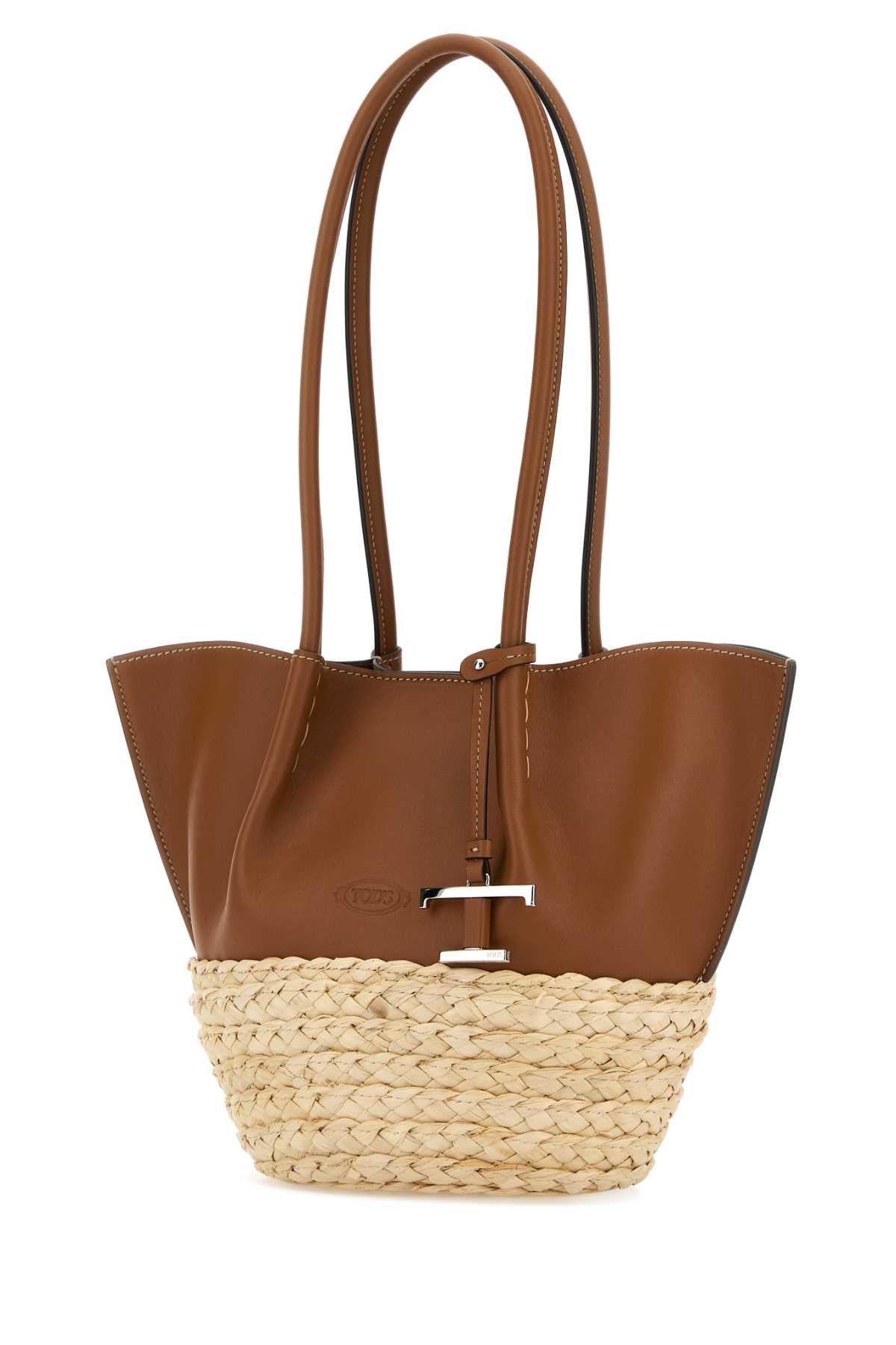 TOD'S Mini Two-tone Leather and Raffia Small Shopping Handbag