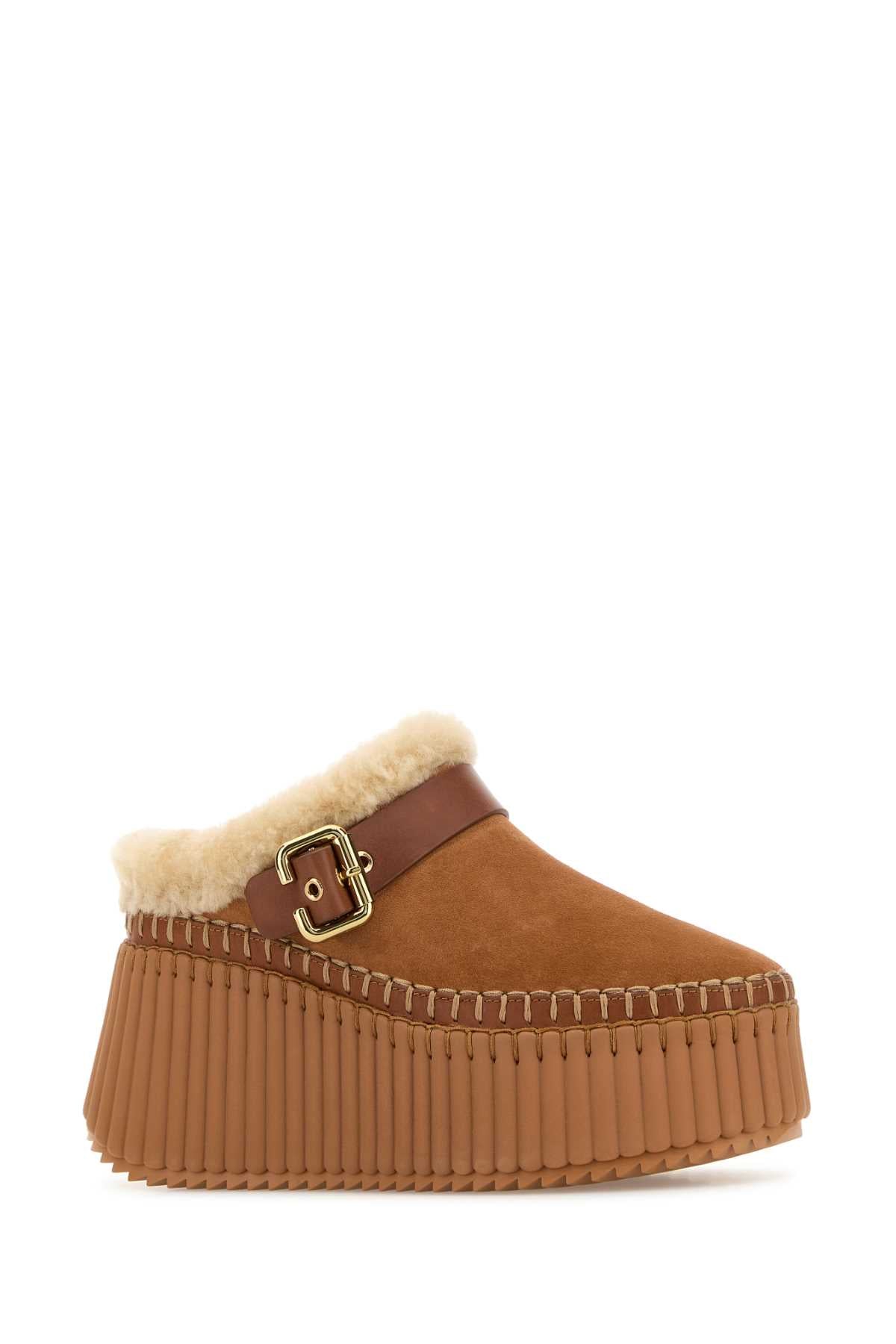 CHLOE Elevated Camel Suede Nama Slippers with 6 cm Platform