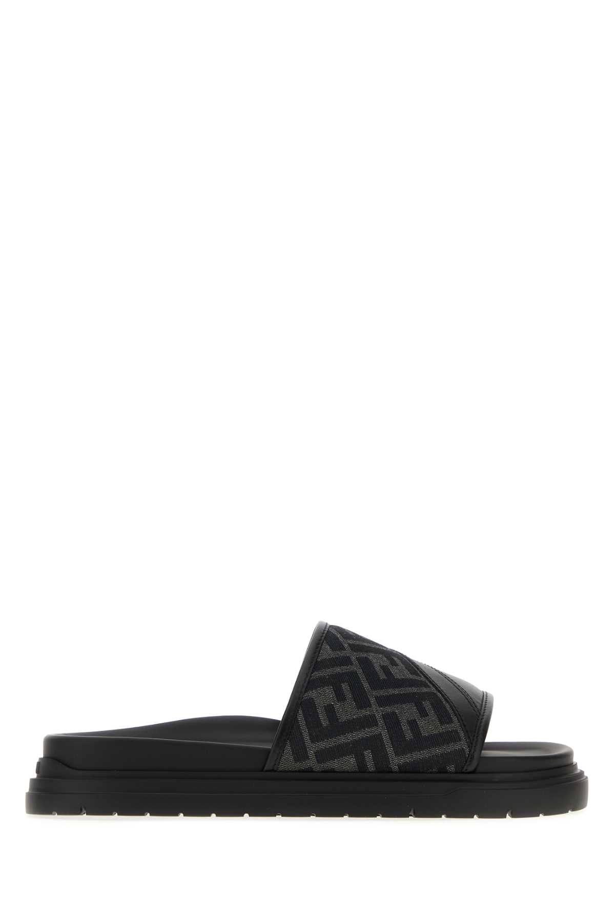 FENDI Embroidered Canvas and Leather Diagonal Slippers
